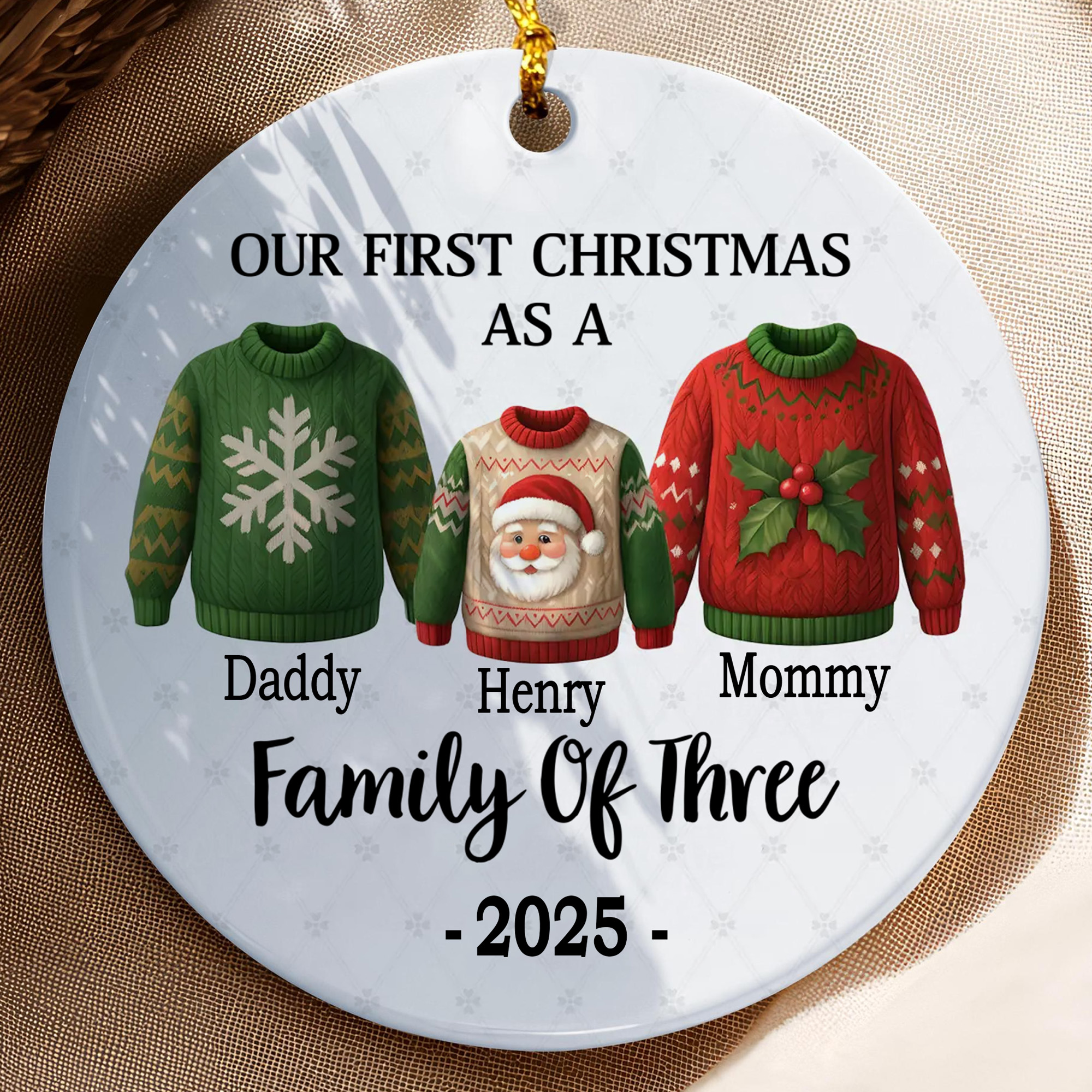 Personalized Ugly Sweater Family Ornament  Ceramic First Christmas Keepsake  Holiday Gift for New Parents-COR-LE7VL0