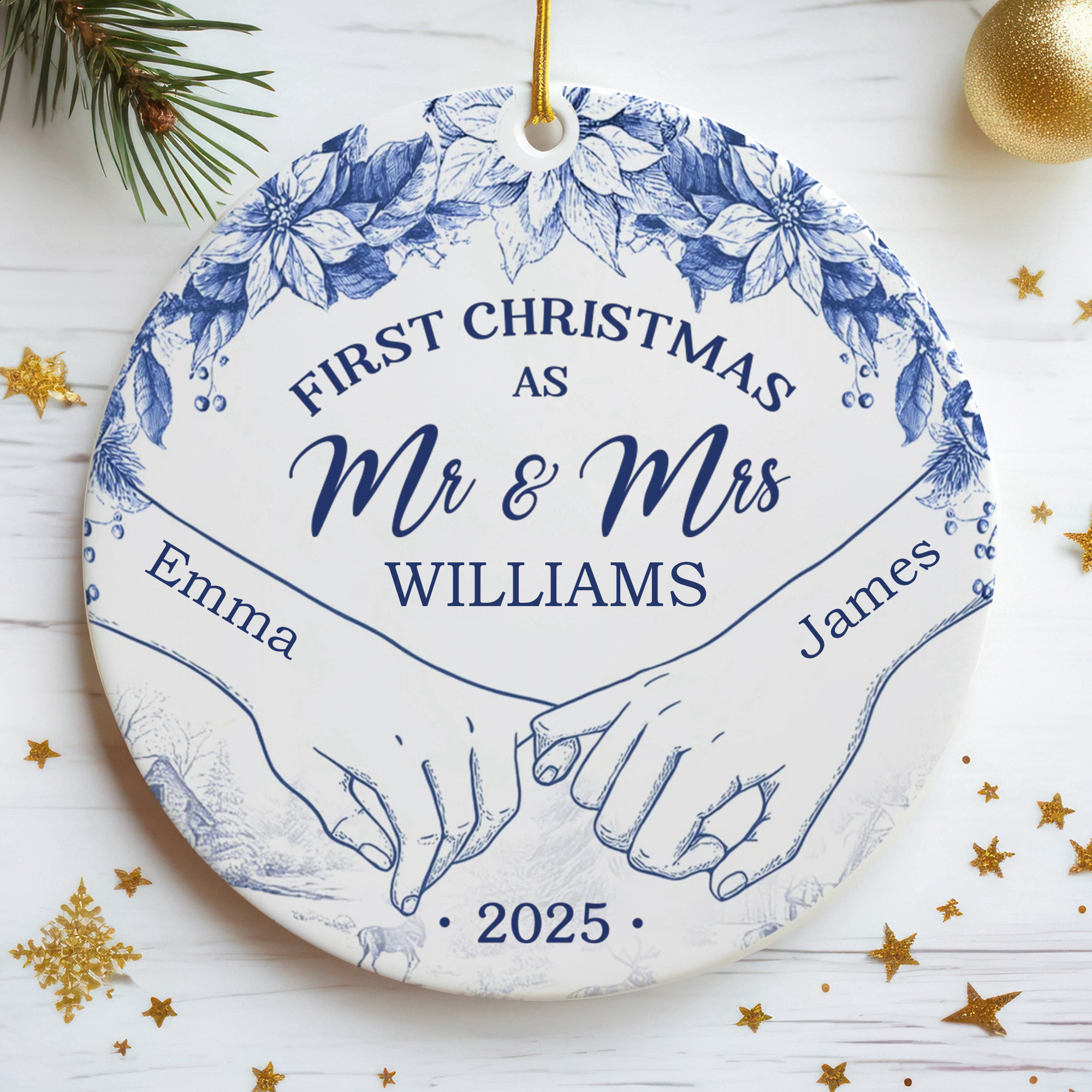 Personalized Mr  Mrs First Christmas Ornament  Ceramic Wedding Keepsake  Holiday Gift for Couples-COR-2OR89