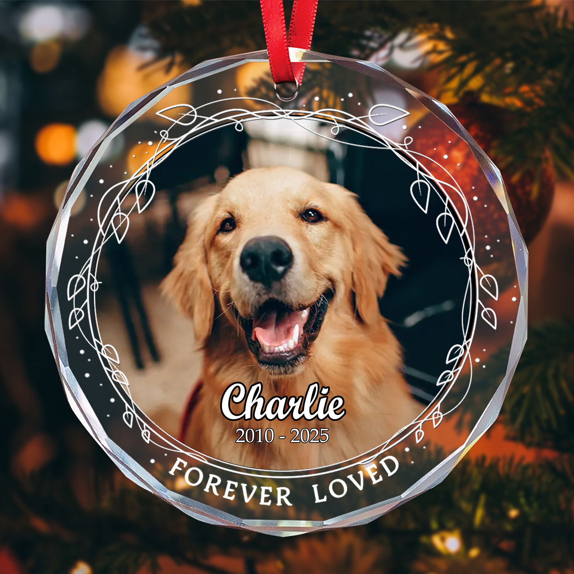 Personalized Pet Memorial Photo Glass Ornament  Custom Name Forever Loved Keepsake for Pet Loss-GLO-V80HY