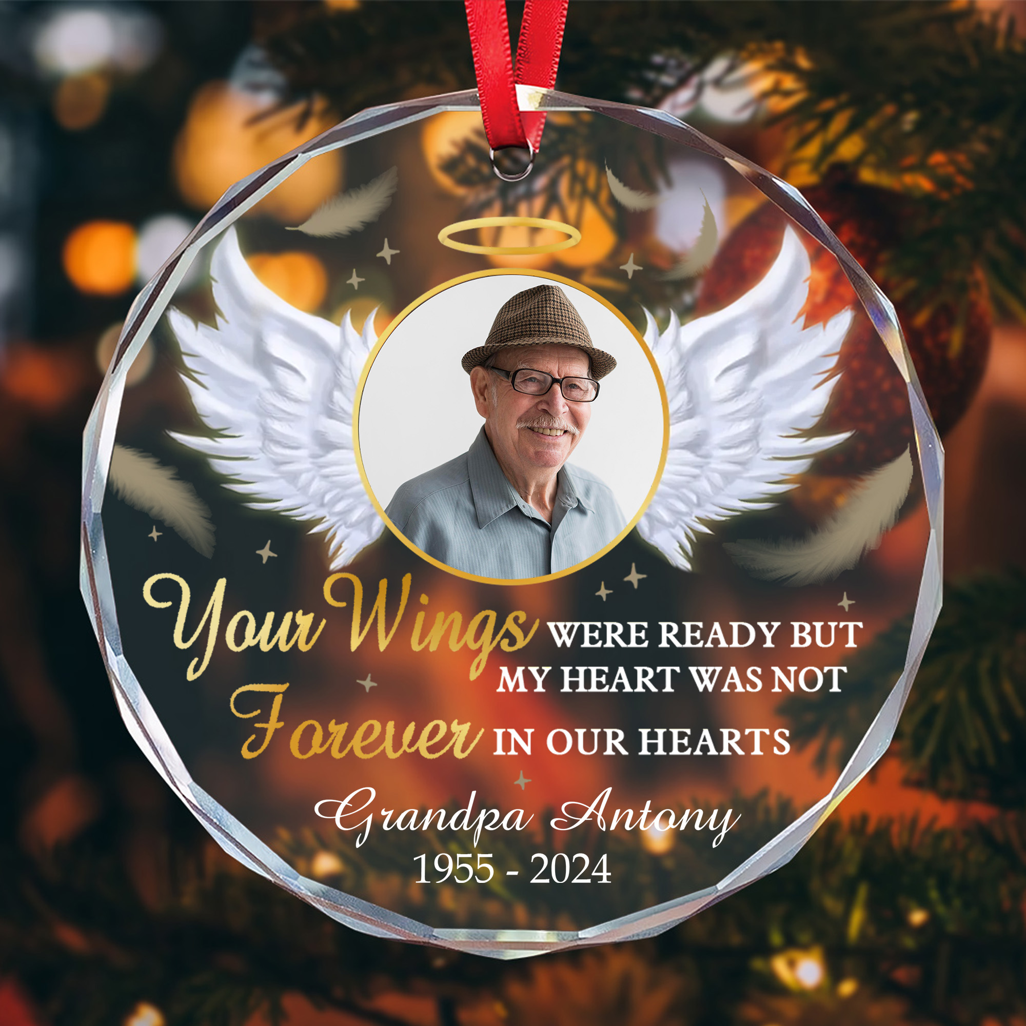 Personalized Memorial Photo Glass Ornament  Custom Angel Wings Keepsake for Grandparent Loss-GLO-0YVA9