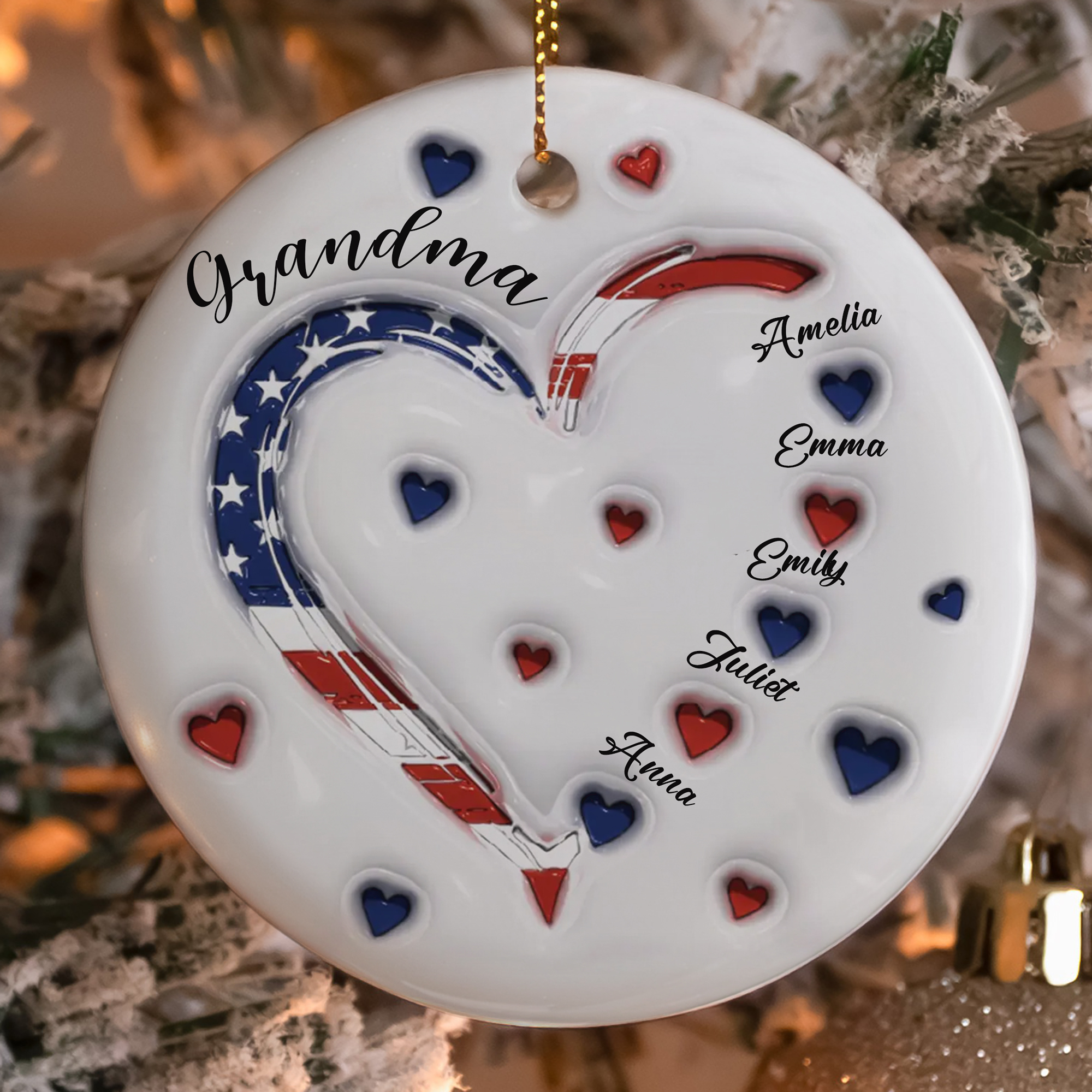 Personalized Grandkids Names Grandma Ornament  Ceramic Patriotic Heart  Christmas Gift for Grandmother-COR-YACLI