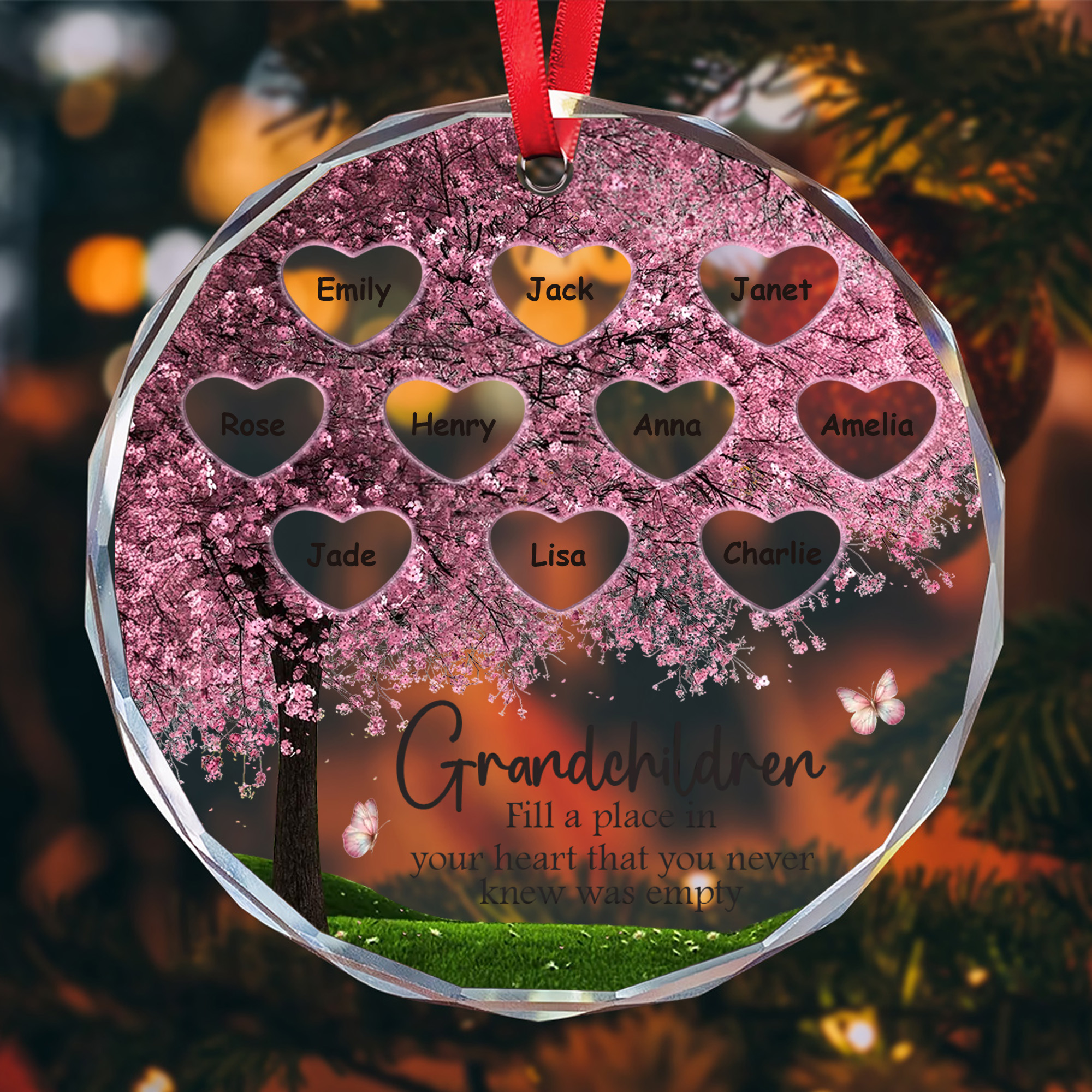 Personalized Grandchildren Cherry Blossom Glass Ornament  Custom Names for Grandparents Gift-GLO-ZD4NF
