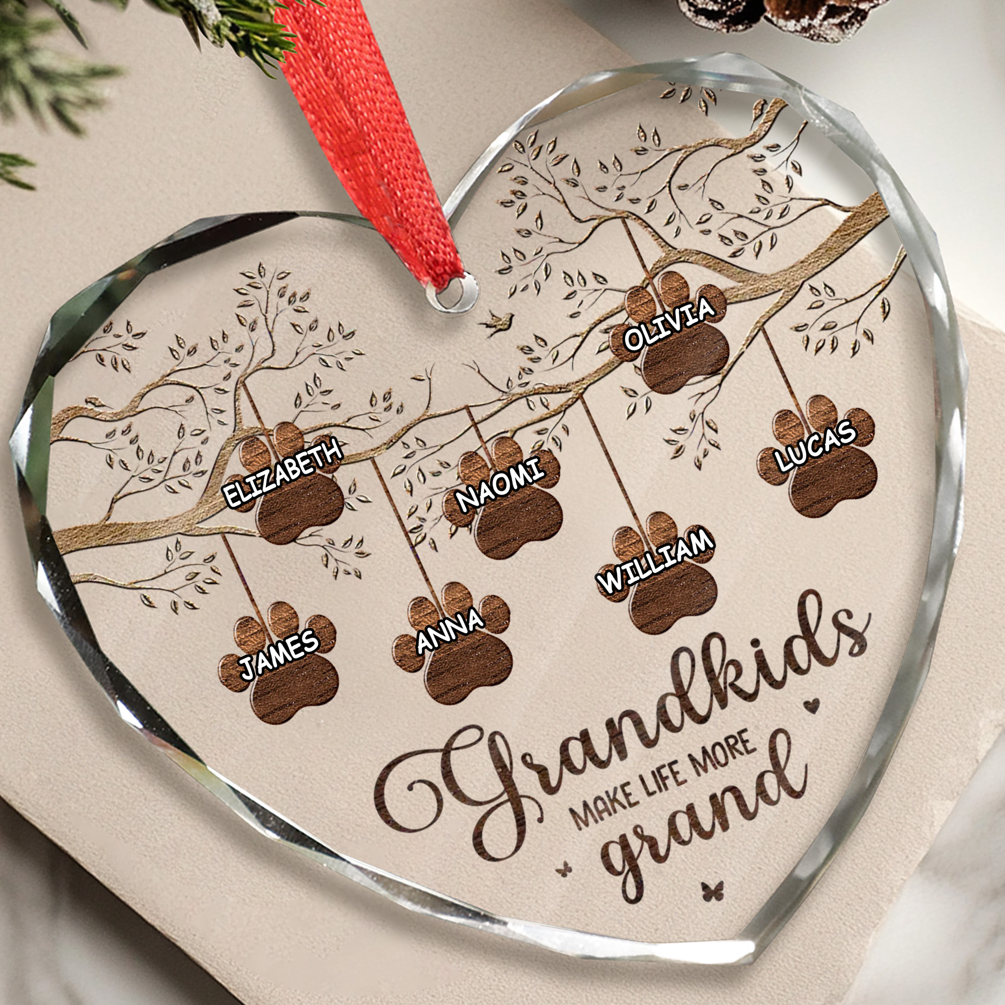 Personalized Grandkids Paw Print Heart Ornament  Custom Engraved Family Tree Christmas Gift for Grandparents-HGLO-OXBOA