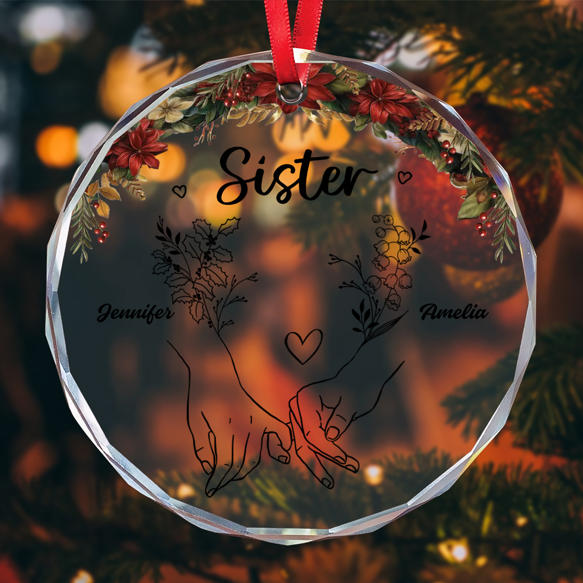 Personalized Sister Hands Holding Ornament  Custom Engraved Glass Christmas Gift for Sisters-GLO-57T90