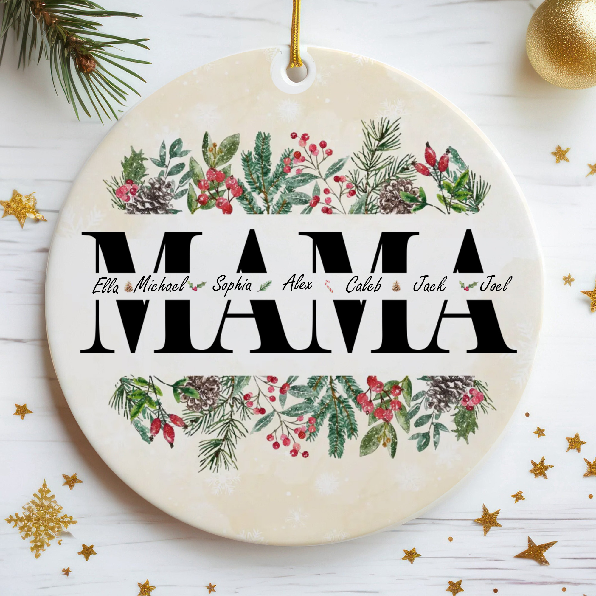 Personalized Mama Ornament with Kids Names  Ceramic Christmas Keepsake  Holiday Gift for Mom-COR-UUAXR