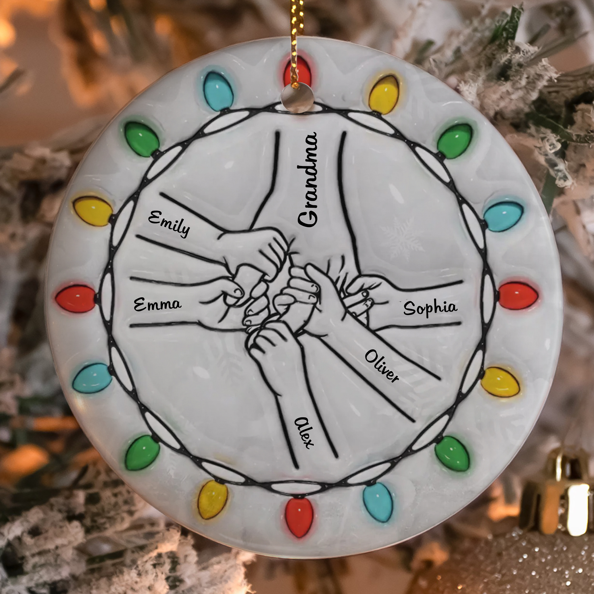 Personalized Grandmas Hands Ornament  Ceramic Christmas Lights Keepsake  Holiday Gift for Grandparents-COR-GCL2H