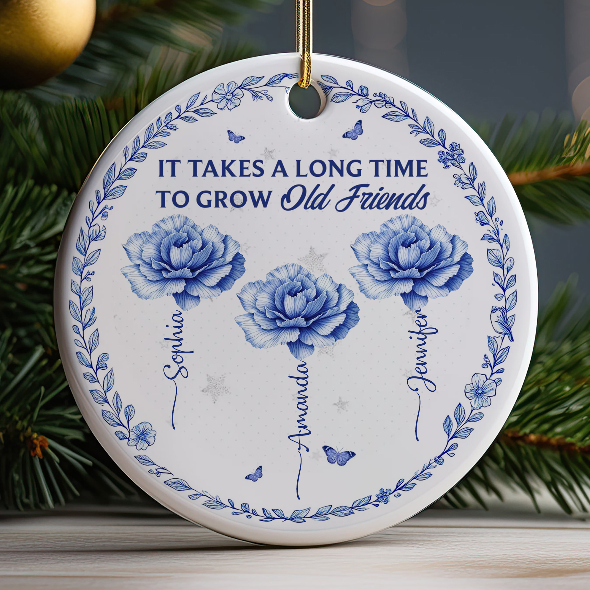 Personalized Old Friends Flower Ornament  Ceramic Bestie Keepsake  Christmas Gift for Friends-COR-97YFJ