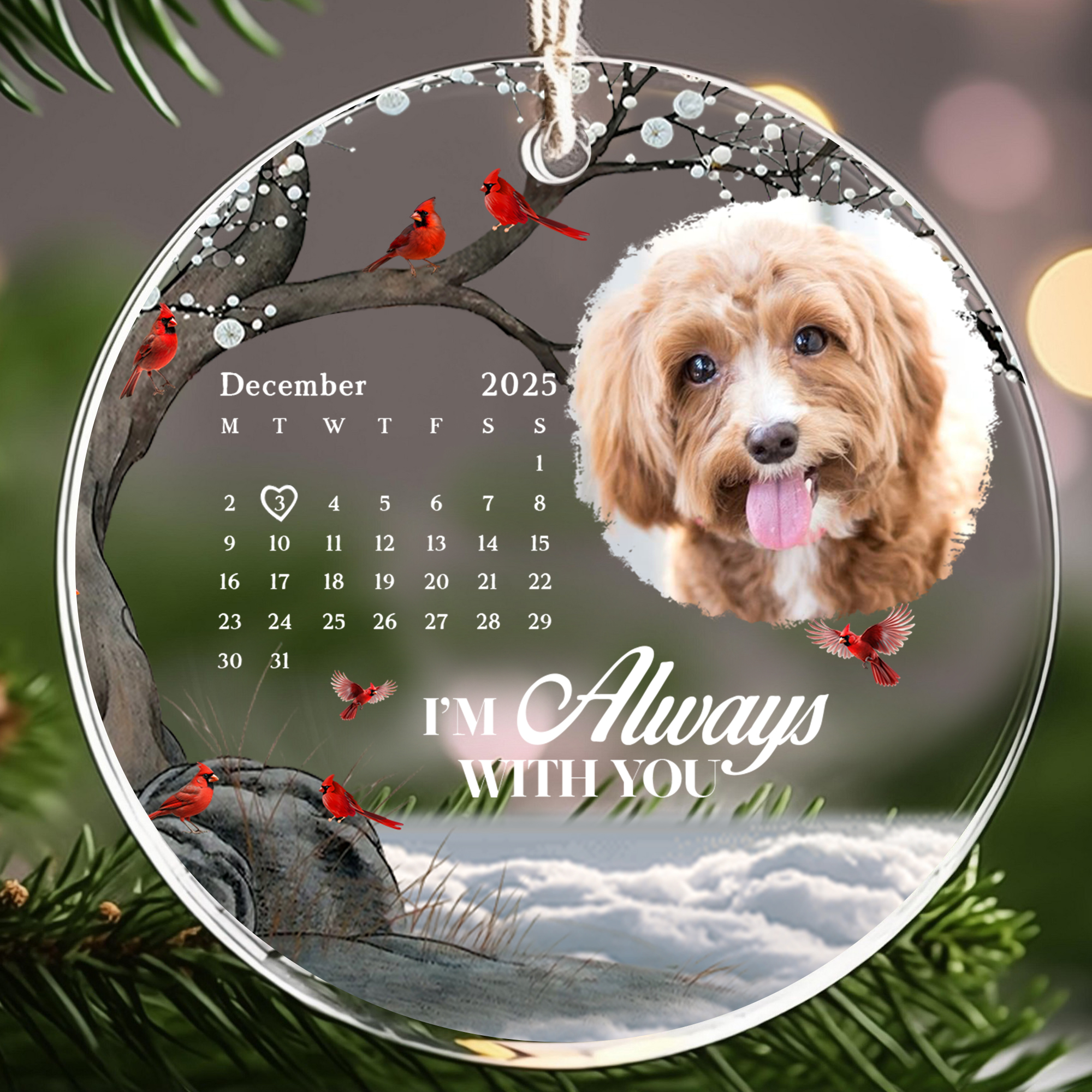 Personalized Pet Memorial Calendar Ornament w Photo Always With You Cardinal Keepsake Acrylic Xmas Gift-ARO-X63E3