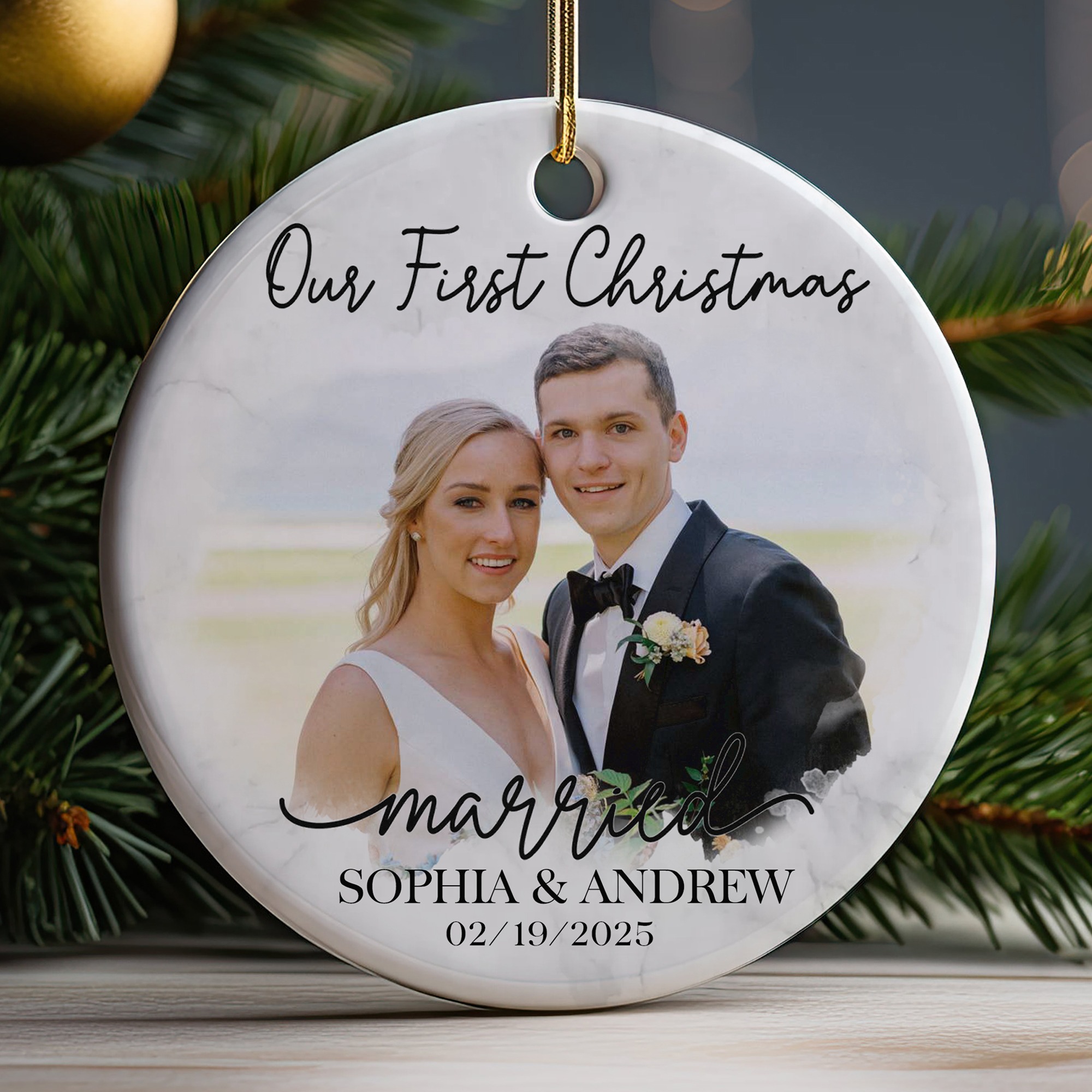 Personalized Photo Our First Christmas Married Ornament  Ceramic Marble  Wedding Gift for Couples 2025-COR-GZEUL