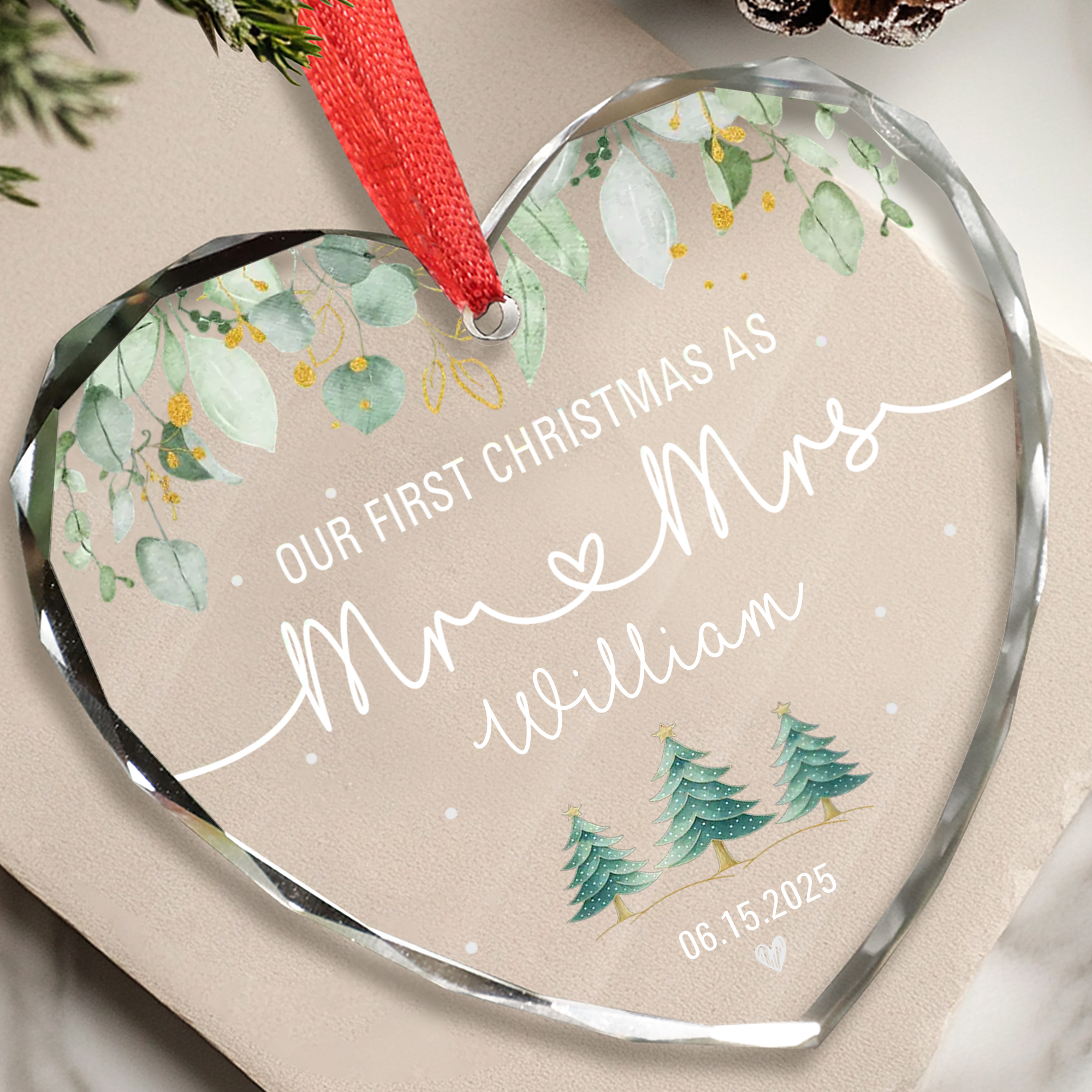 Personalized Mr & Mrs Ornament with Date - Faceted Glass Heart - Our First Christmas Gift for Couples 2025-HGLO-419AP