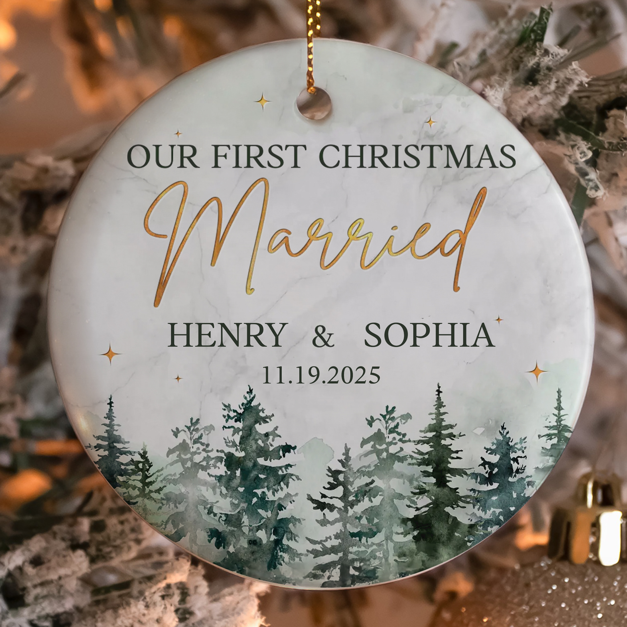Personalized Our First Christmas Married Ornament  Ceramic Forest Marble  Engagement Gift for Couples 2025-COR-9HWST
