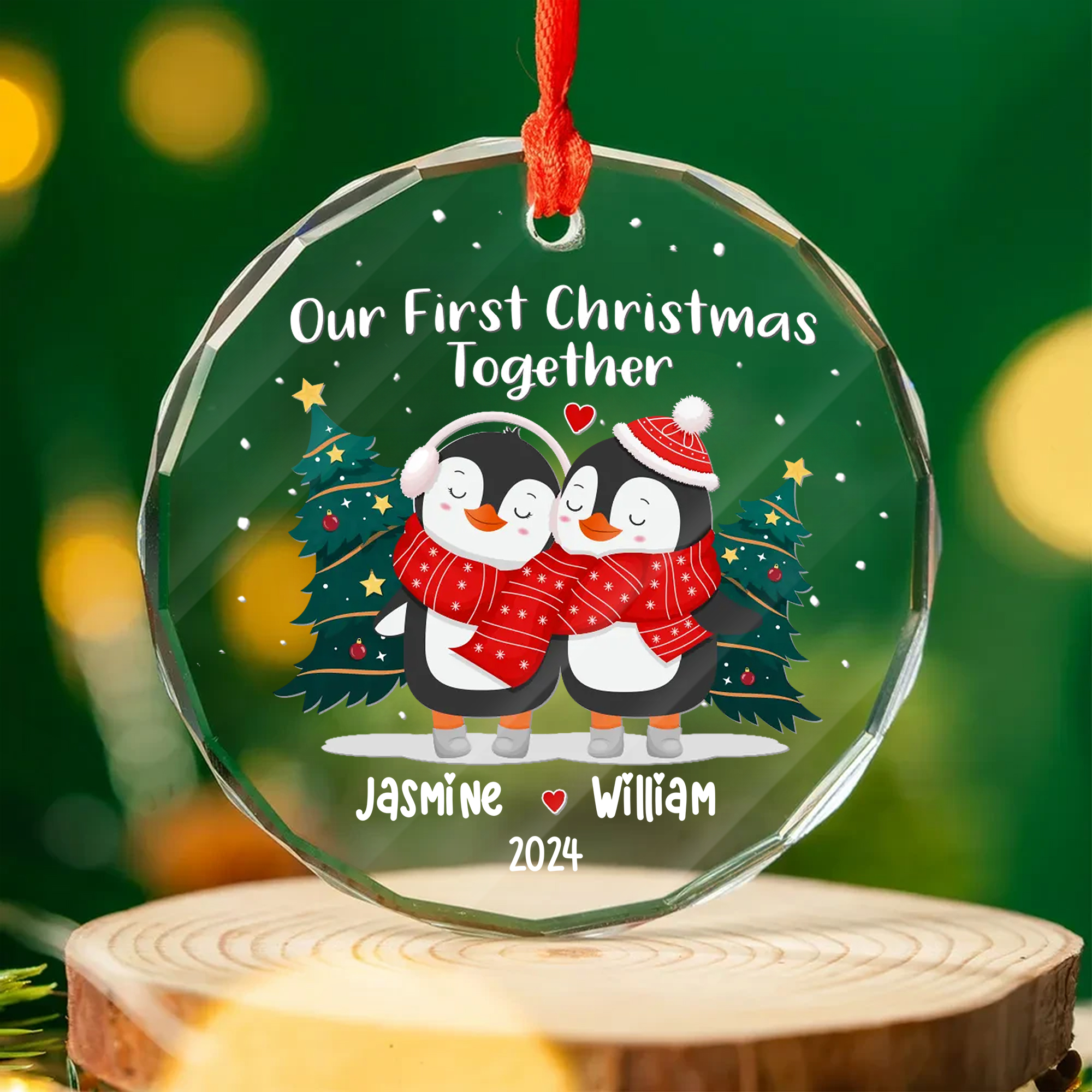 Personalized Penguin First Christmas Together Ornament  Custom Engraved Glass Gift for Couples-GLO-GE00A
