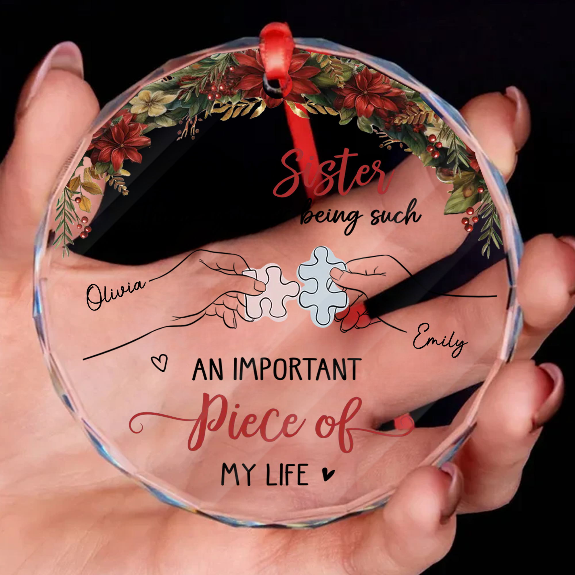 Personalized Sister Ornament  Custom Puzzle Piece Design Glass Sibling Keepsake Gift for Christmas-GLO-1W2XN