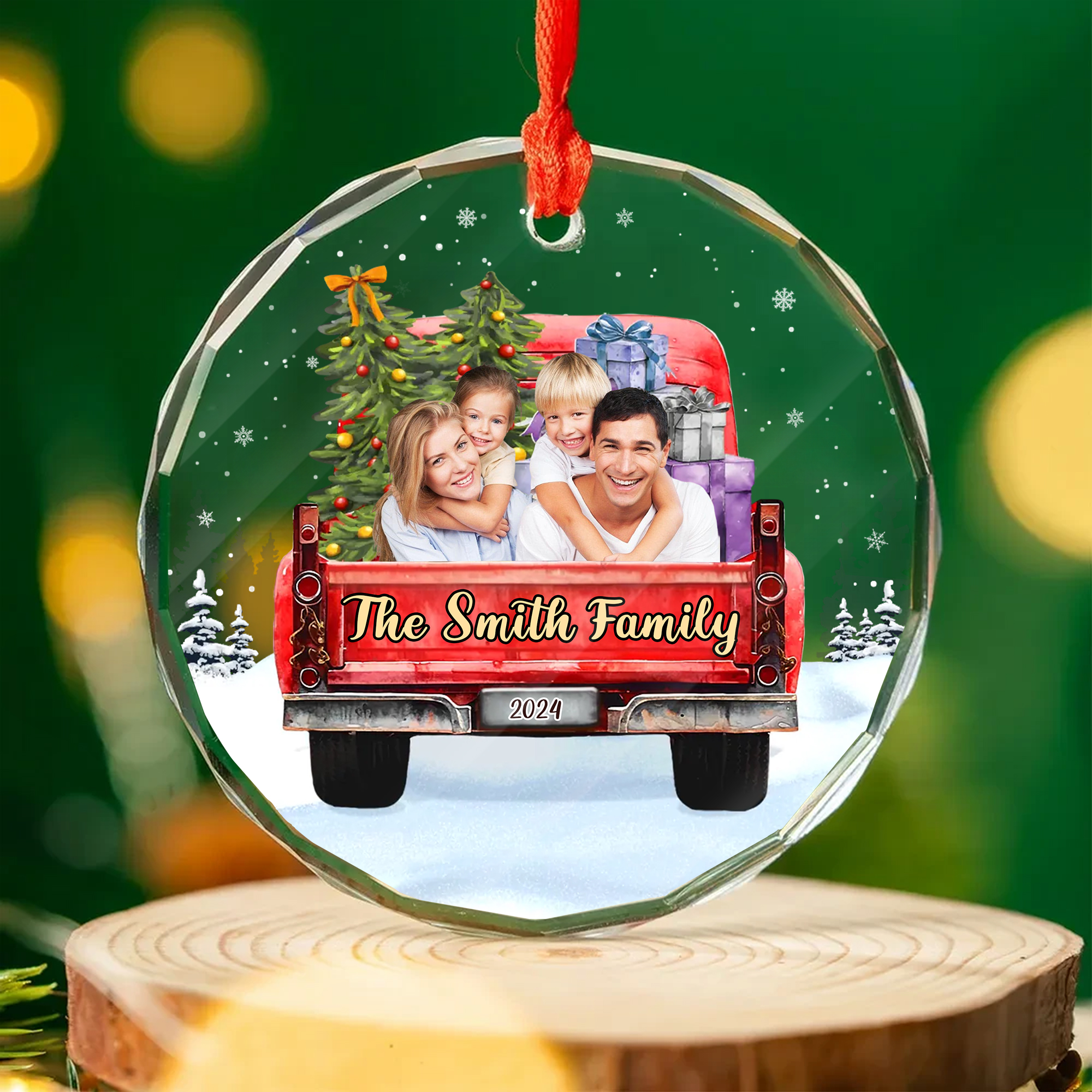 Personalized Family Red Truck Christmas Ornament  Acrylic  Wood Style  Holiday Gift for Families-GLO-SQZHC