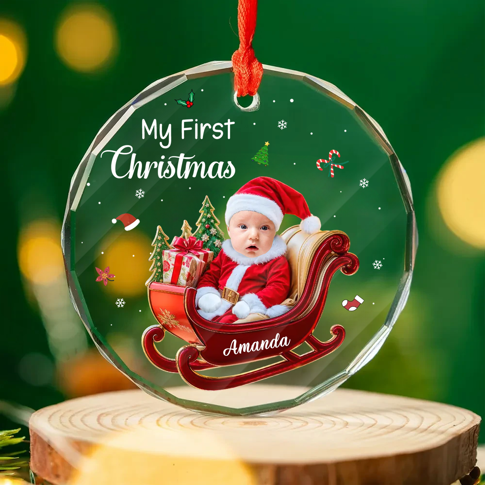 Personalized Babys First Christmas Ornament Custom Photo  Name Keepsake Faceted Glass Gift for New Parents-GLO-IV4GC