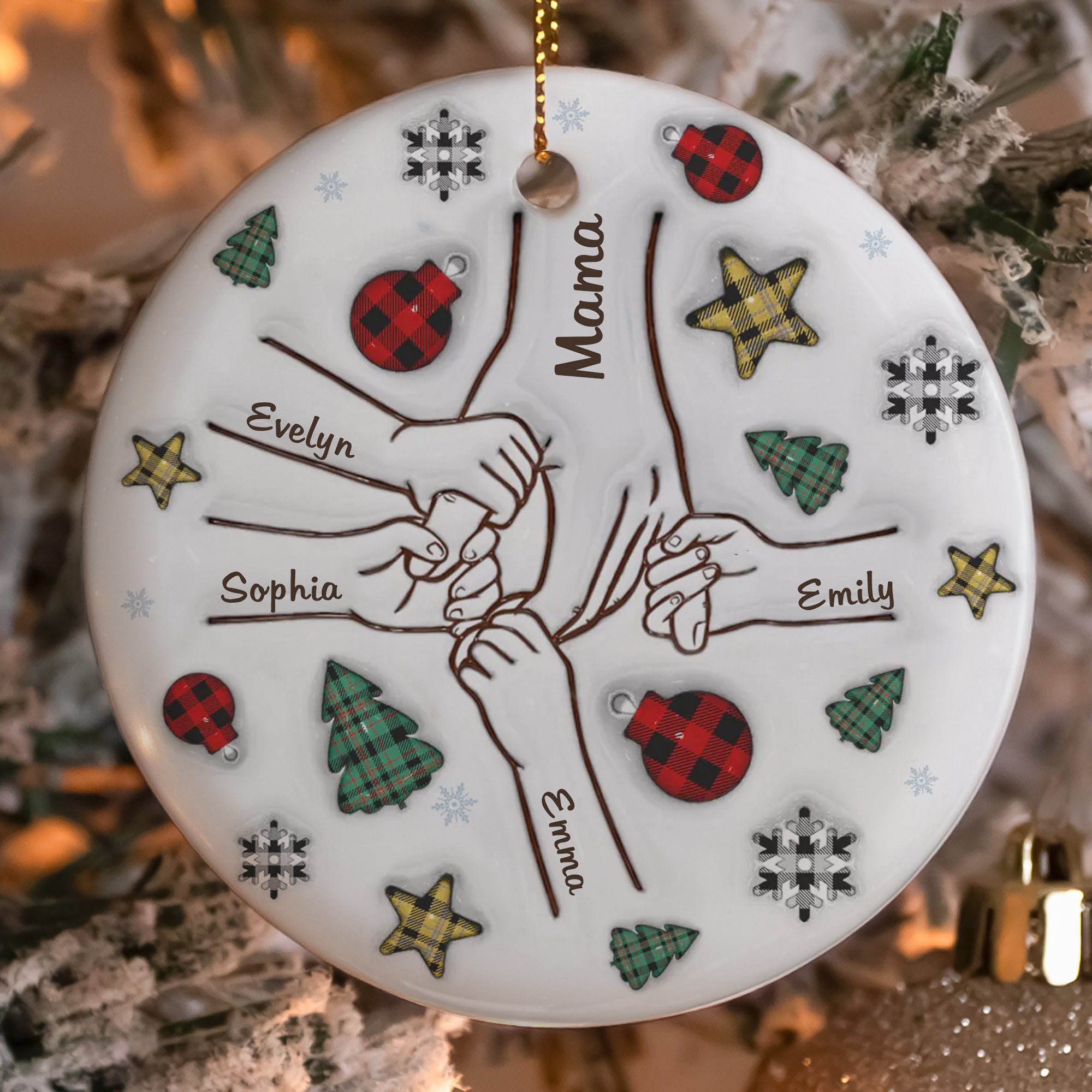 Personalized Mama  Kids Names Ornament  Ceramic Holding Hands Plaid Style  Christmas Gift for Mom from Kids 2025-COR-OBO0W