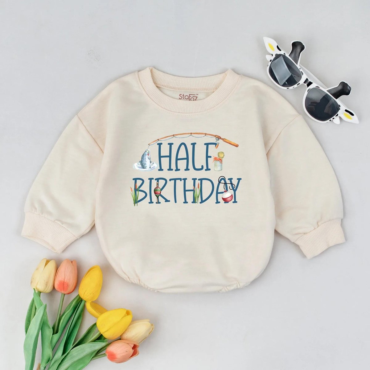 Half Birthday Baby Bubble Romper Fishing Theme 6 Month Outfit Cute Baby Milestone Romper Funny Halfw 190
