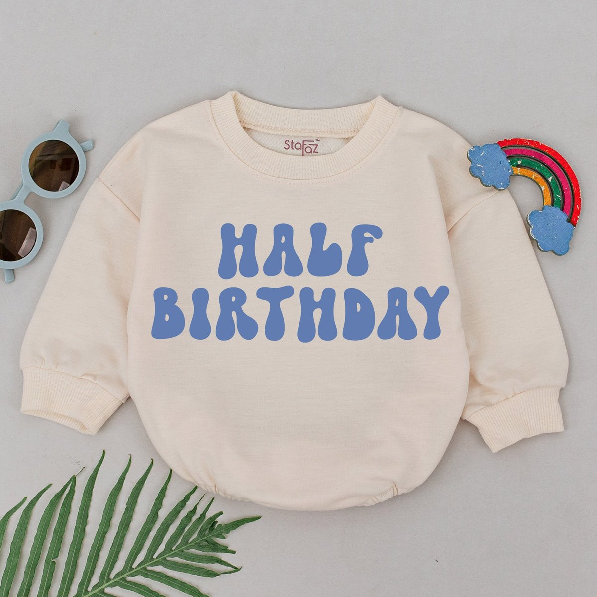 Half Birthday Boy Romper Half Way To One Baby Romper 6 Months Birthday Gift Natural Birthday Outfit