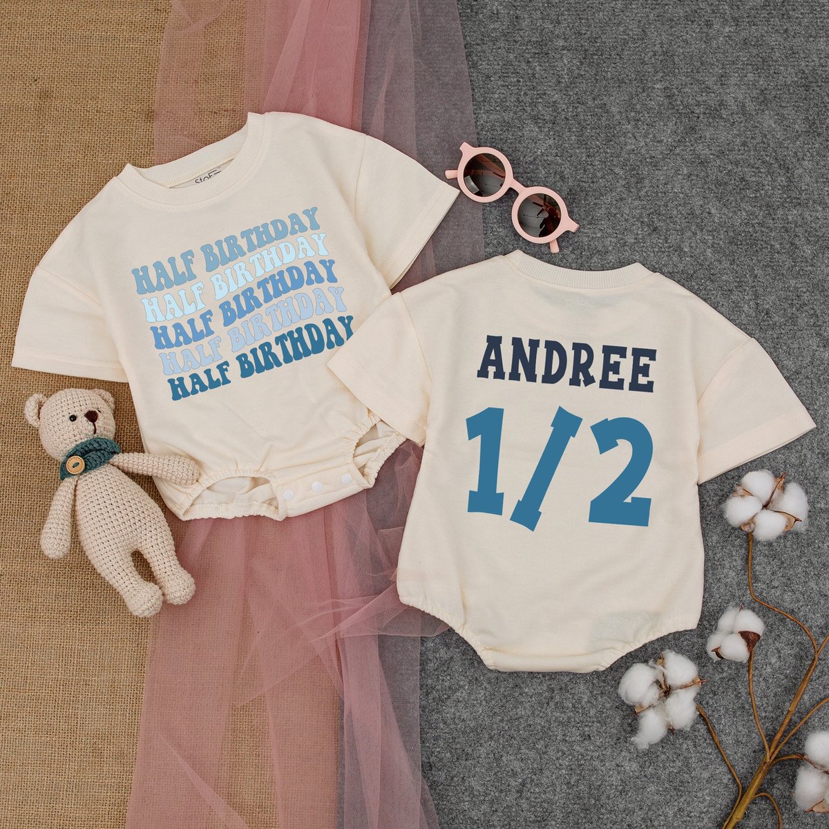 Half Birthday Bubble Romper Halfway To One Romper Short  Sleeve 12 Birthday Outfit Six Month Birthd 176