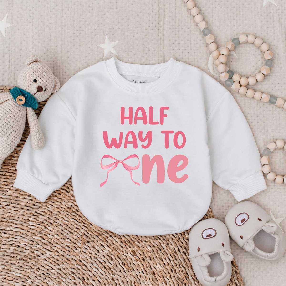 Half Way To One Bubble Romper Bow Half Birthday Bodysuit Pink 1st Birthday Party Girl Clothes Half B
