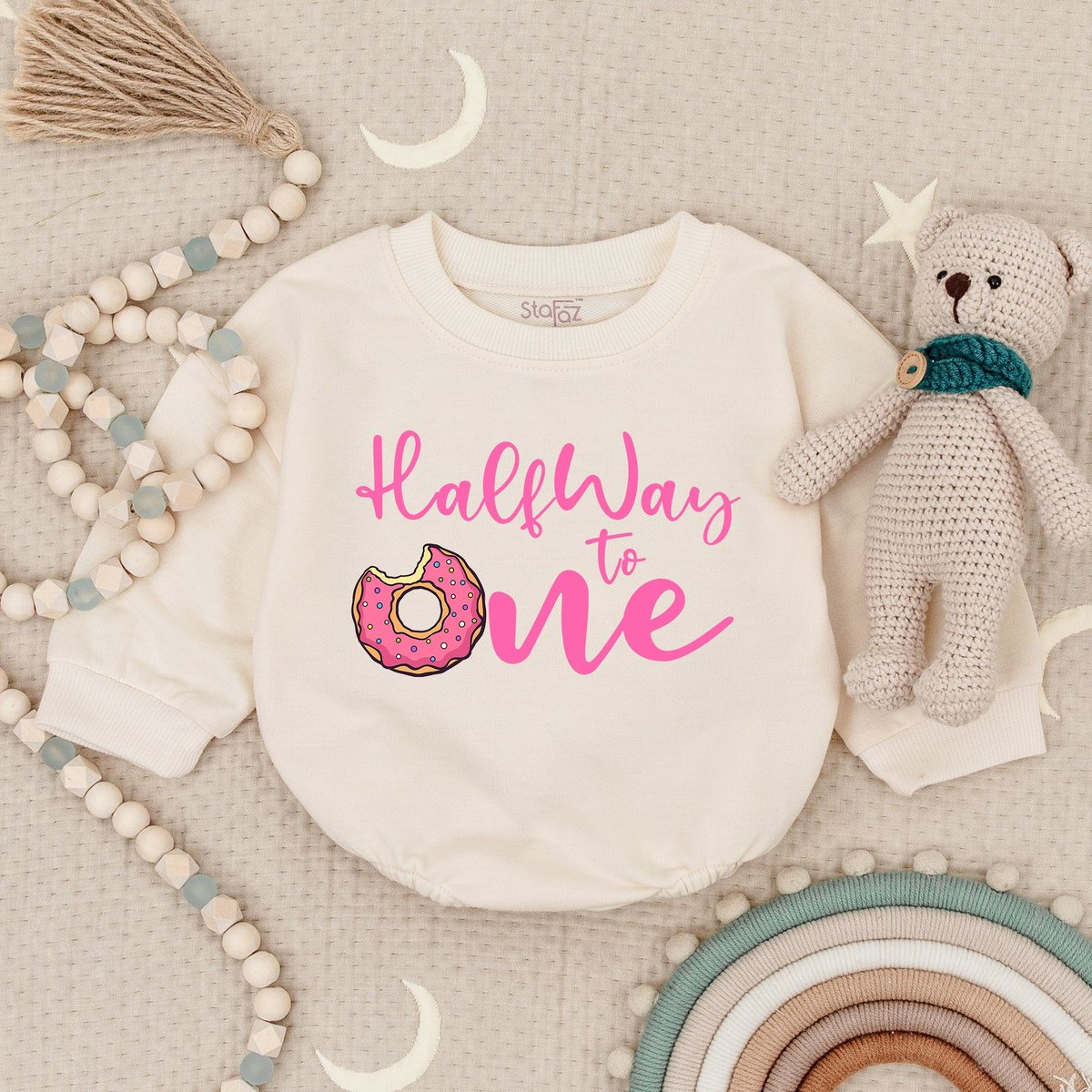 Half Way To One Donut Birthday Romper Pink Donut Birthday Bodysuit 12 Way To One Birthday Outfit 12