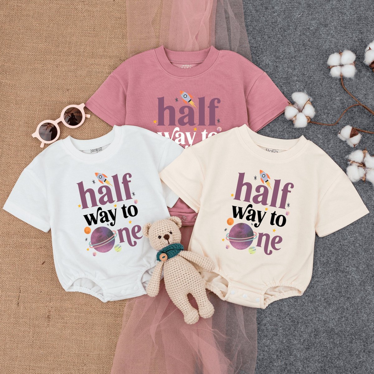 Half Way To One Romper Short  Sleeve Space Half Birthday Outfit Infant Bodysuit Half Birthday Six M 168