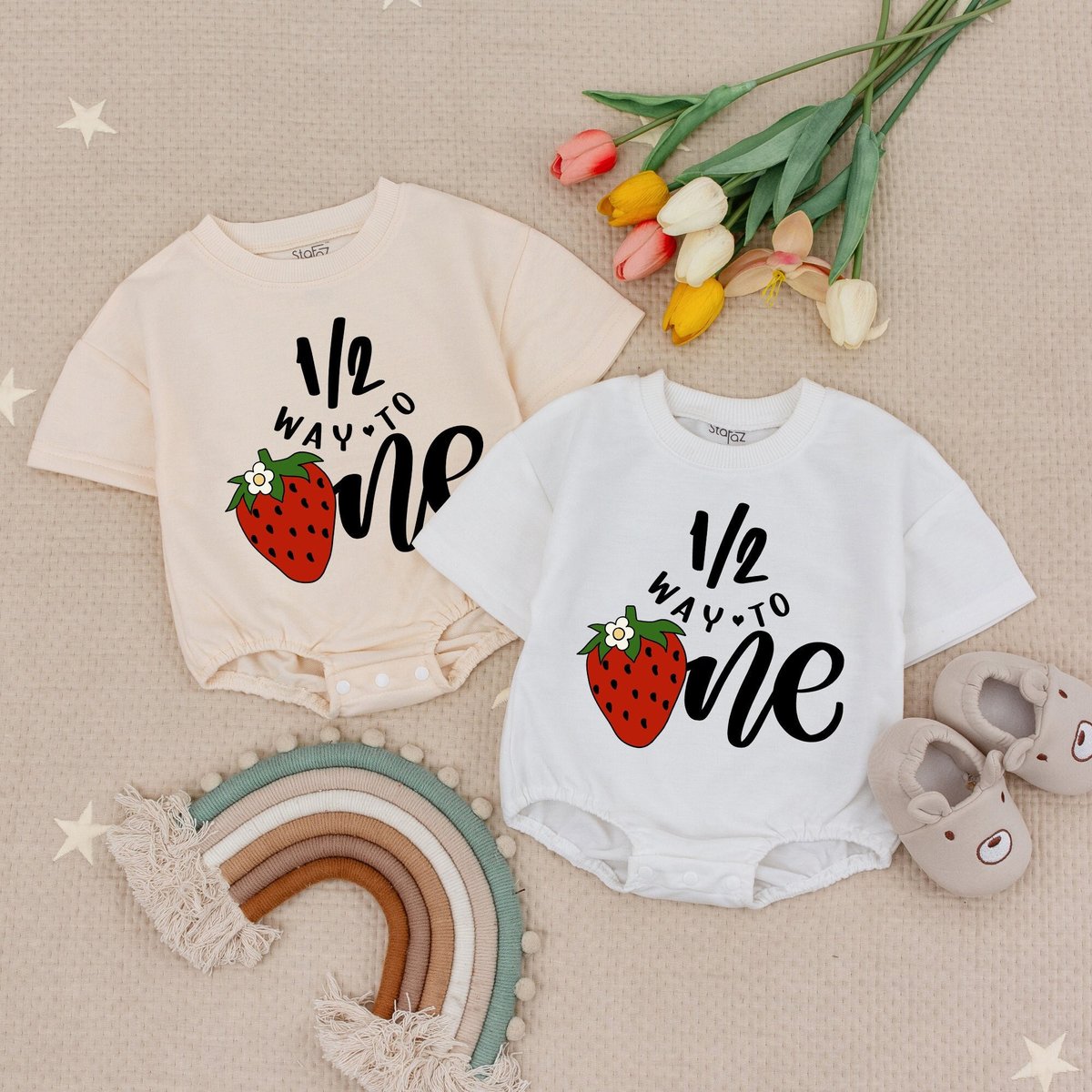 Half Way To One Strawberry Baby Romper Berry Birthday Bubble Romper Half Birthday Baby Girl 12 Birth