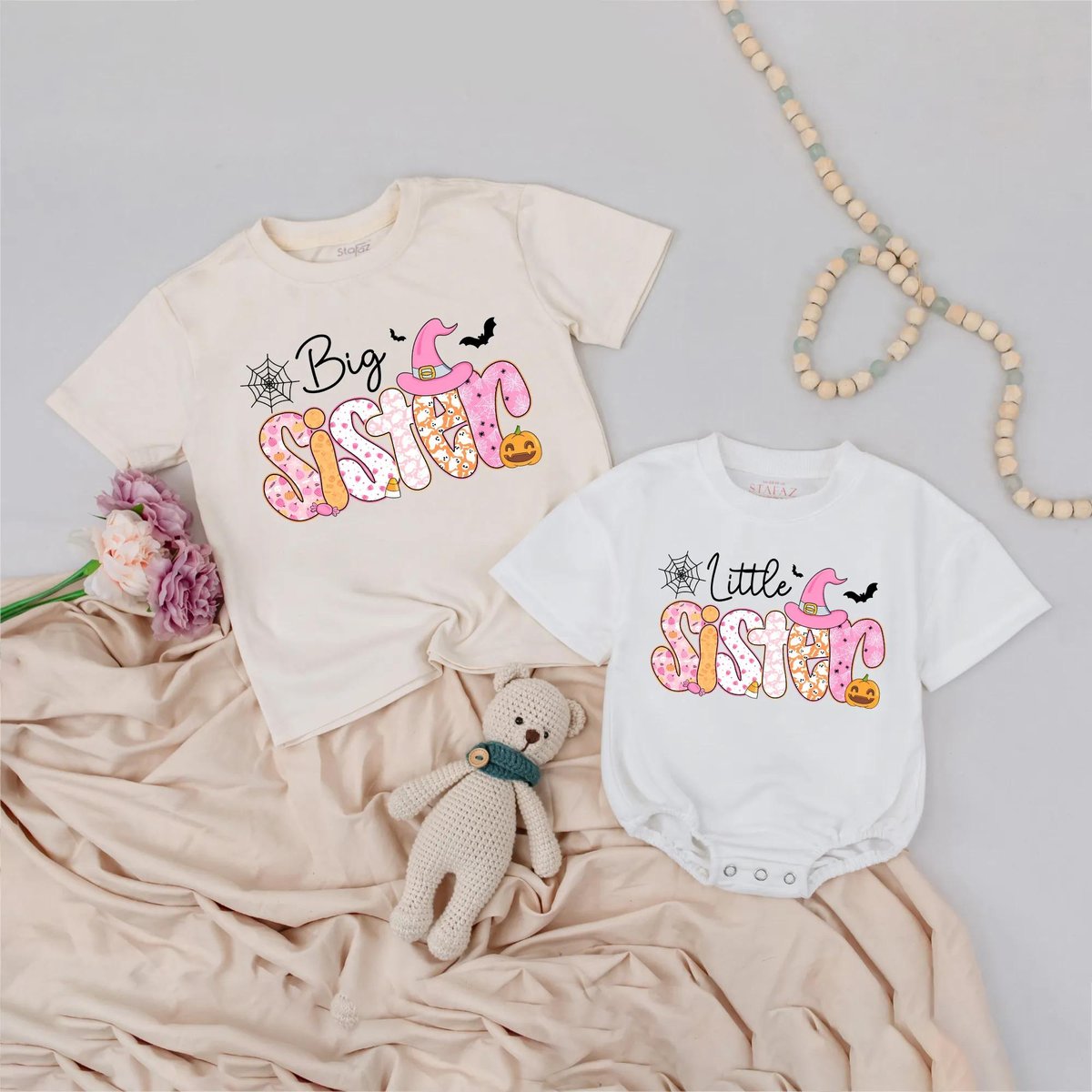 Halloween Big and Little Sister Matching Shirts Sibling Halloween Outfit Cute Baby Announcement Baby 434