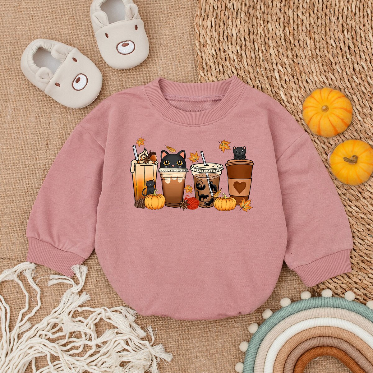 Halloween Cute Cat Baby Romper Fall Latte Coffee Baby Bodysuit Cute Halloween Pumpkin Spooky Season