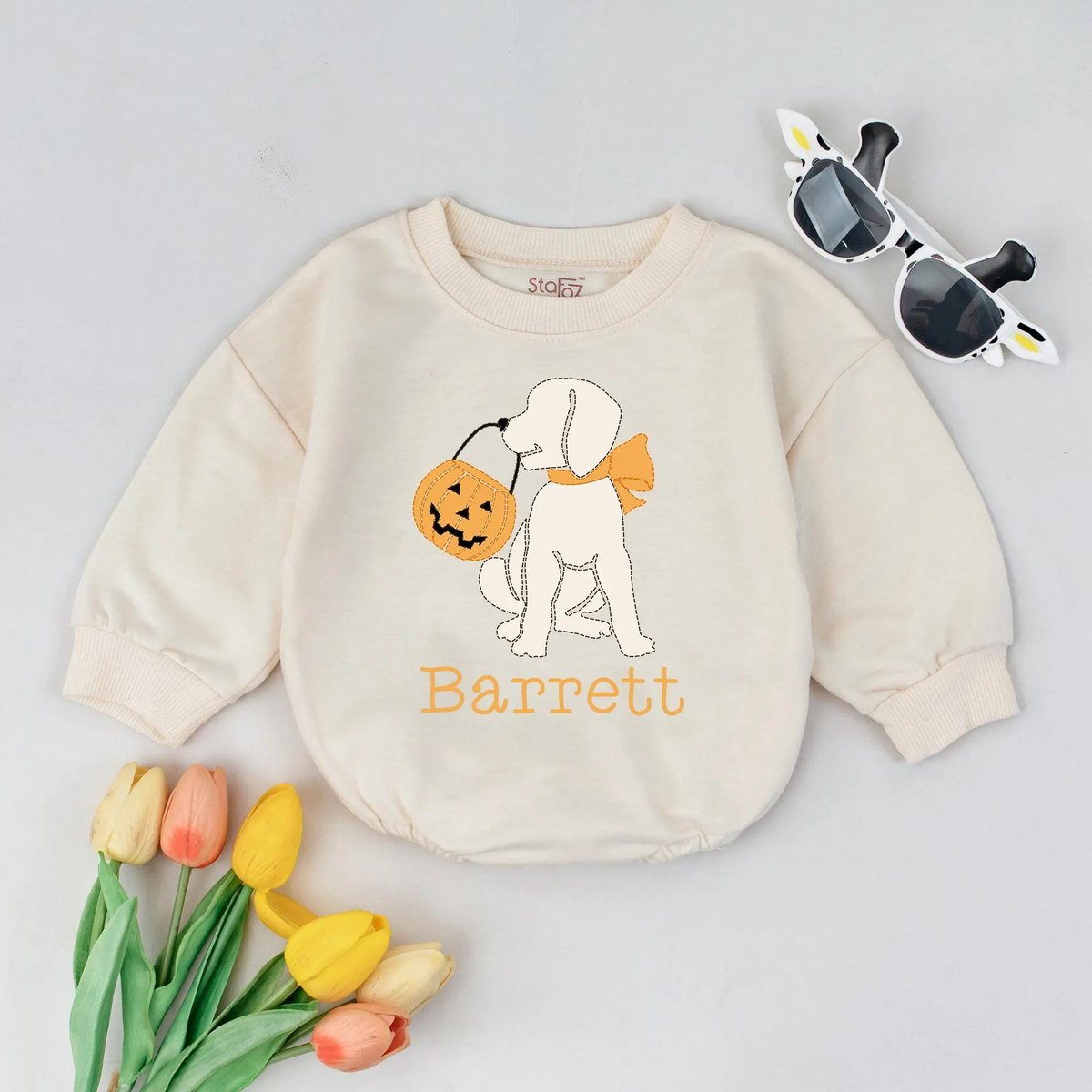 Halloween Dog Baby Bubble Romper Custom Name Fall Romper Personalized Baby Outfit Pumpkin Trick or T 433