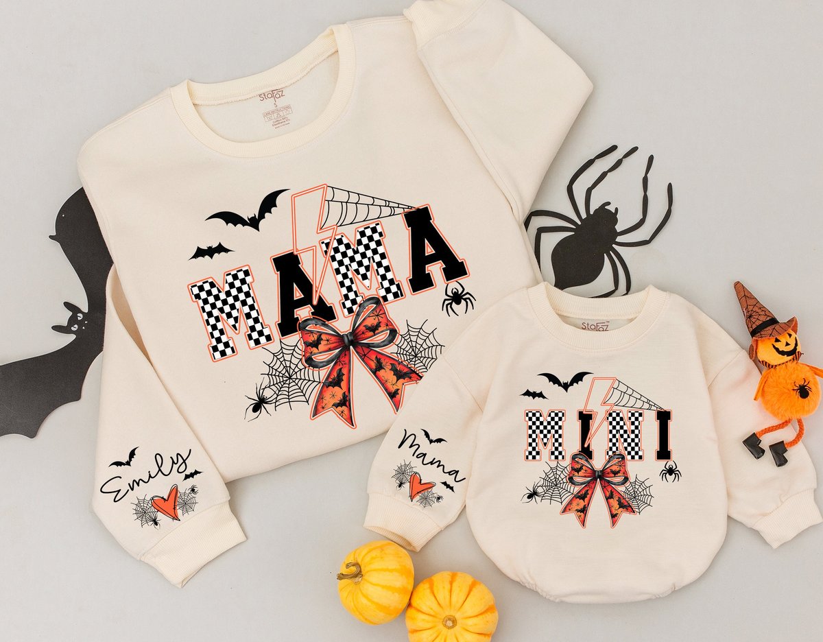 Halloween Spooky Mama Sweatshirt Halloween Checkered Mama and mini outfit Retro Halloween Bats and S 176