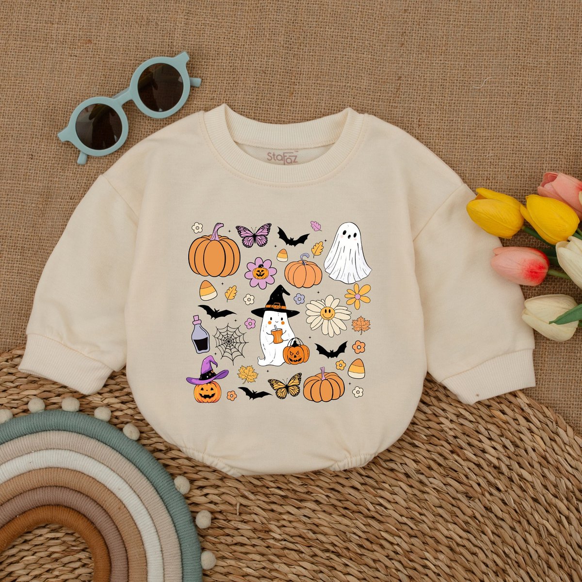 Halloween Things Baby Romper Retro Halloween Ghost Romper Kid Halloween Sweatshirt Fall Baby Outfit 175