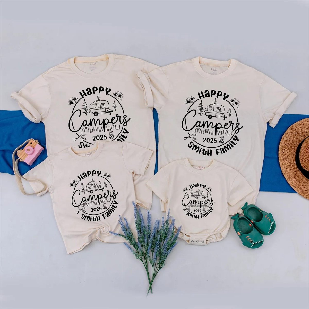 Happy Campers 2025 Family Shirts Custom Camping Outfit 2025 Family Trip Clothes Outdoor Vacation Tee 432