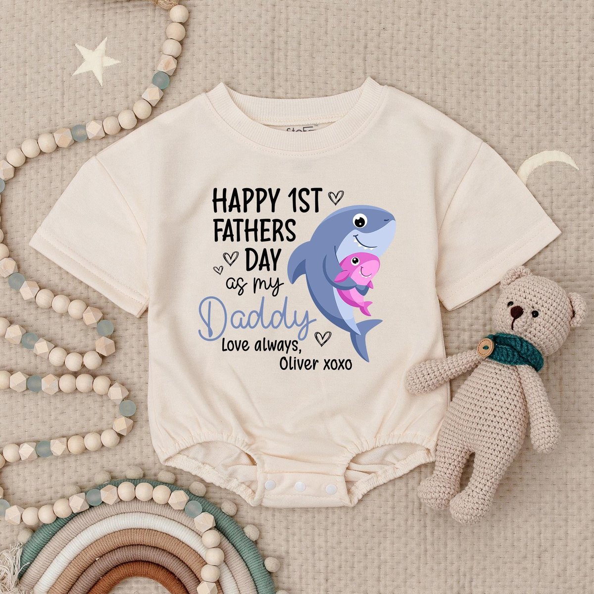 Happy First Father's Day As My Daddy Shark Baby Romper Custom Fathers Day BodysuitCute Father's Da
