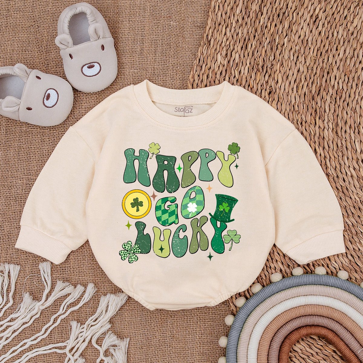 Happy Go Lucky Baby Romper  St Patrick's Day Bodysuit  Irish Baby Outfit  Light Mauve Baby Rompe