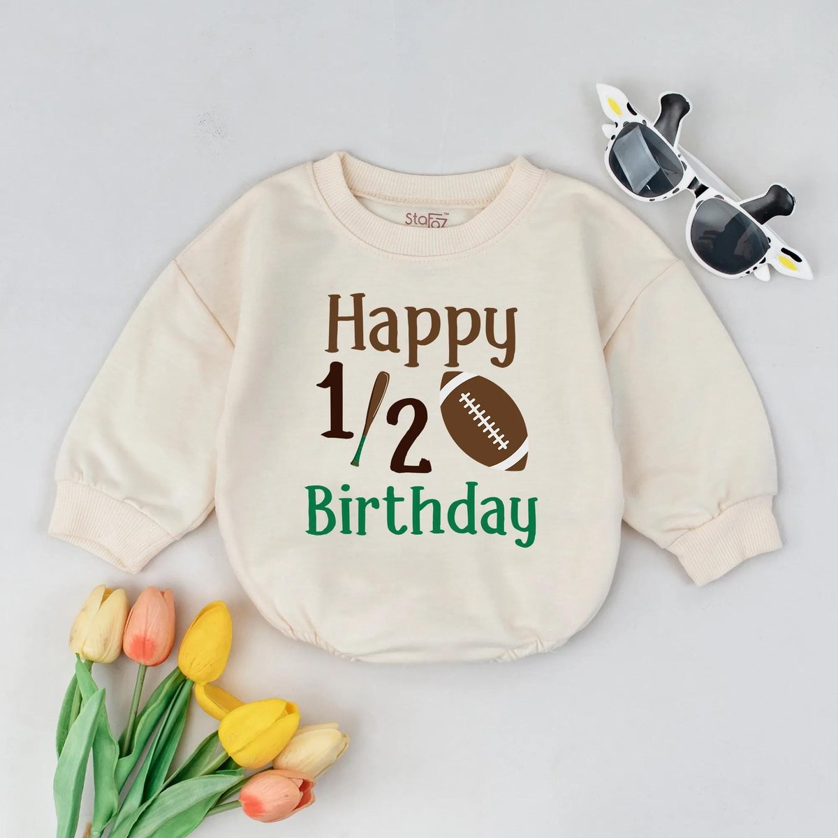 Happy Half Birthday Football Romper 12 Birthday Outfit 6 Months Bodysuit Sport Theme Baby Gift for B 434