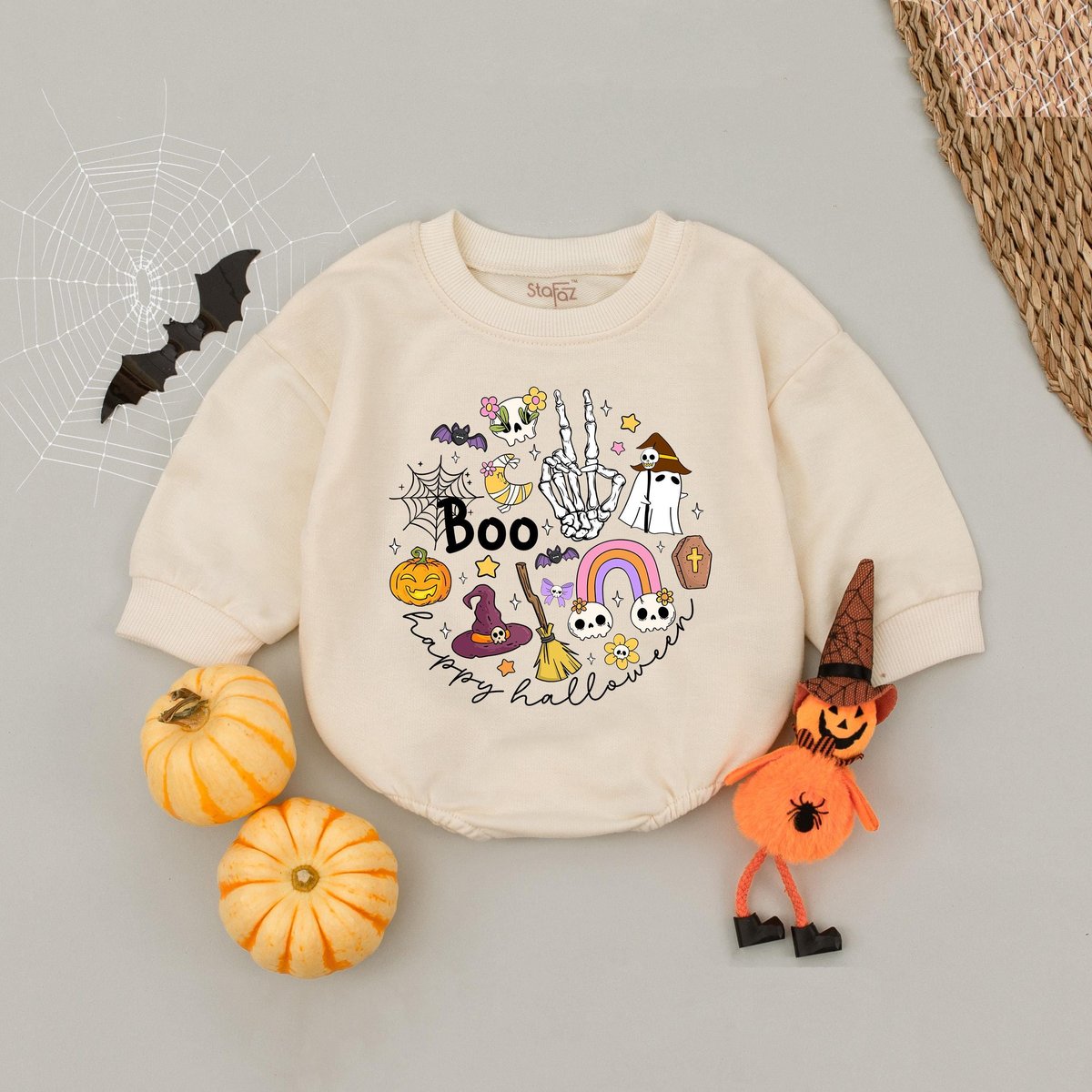 Happy Halloween Boo Bubble Romper for Baby Girls Boo Groovy Skeleton Peace Sign Babysuit Spooky Thin