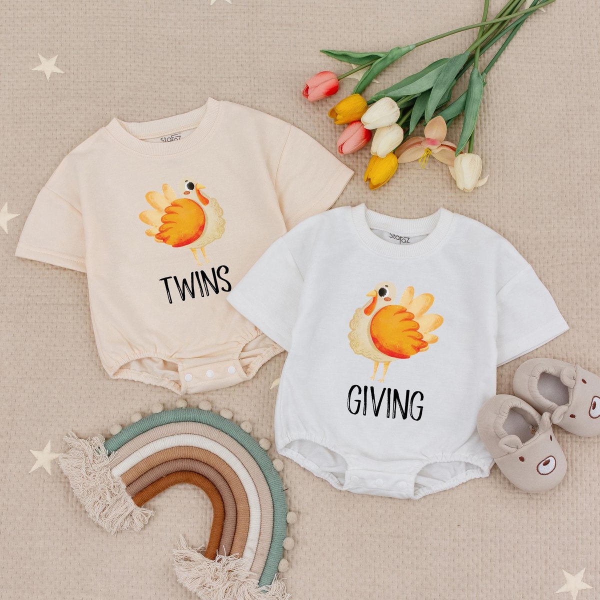 Happy TwinsGiving Baby Romper Twins Thanksgiving Bodysuit Set Cute Fall Baby Outfit Matching Twins B