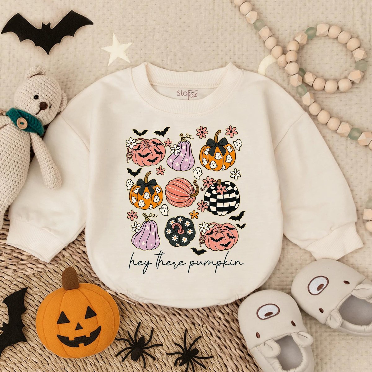Hey There Pumpkin Baby Bubble Romper Spooky Season Halloween Outfit Retro Glitter Autumn Baby Clothe