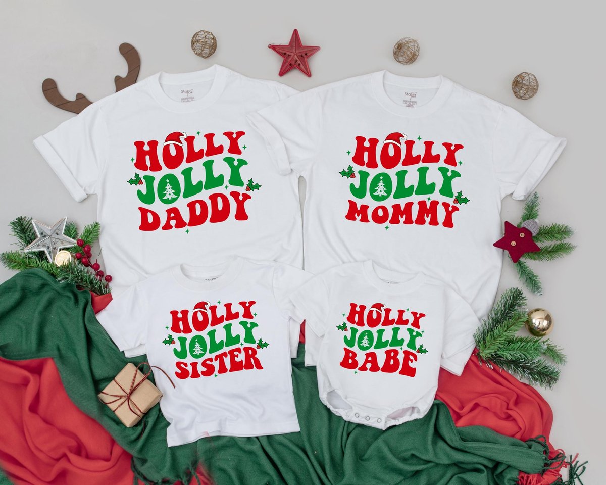 Holly Jolly Family Christmas Shirts Personalized Family Shirt Retro Christmas Mommy and Me T Shirts 179