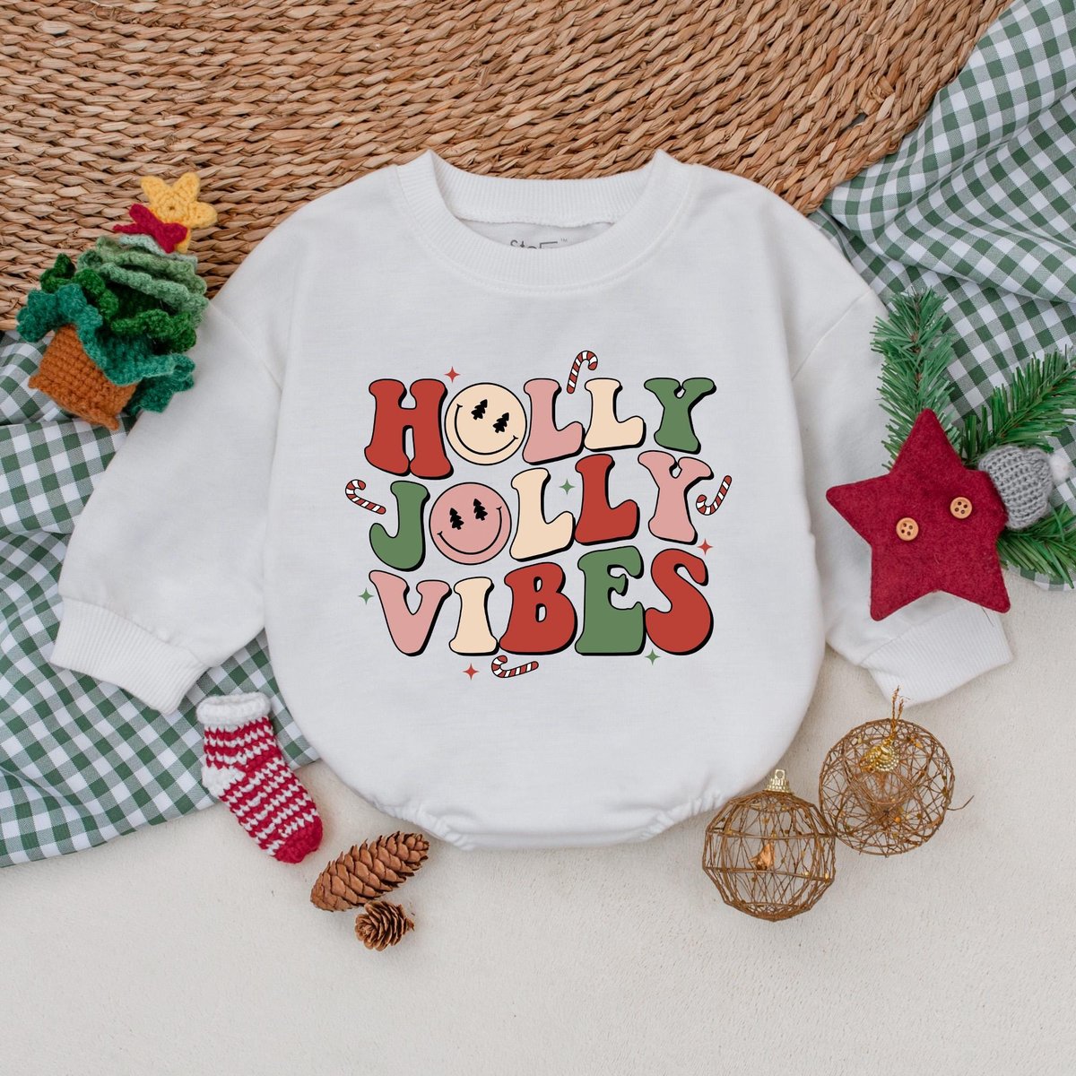 Holly Jolly Vibes Baby Romper Retro Christmas Bodysuit Christmas Baby Clothes Christmas Baby Shower 177