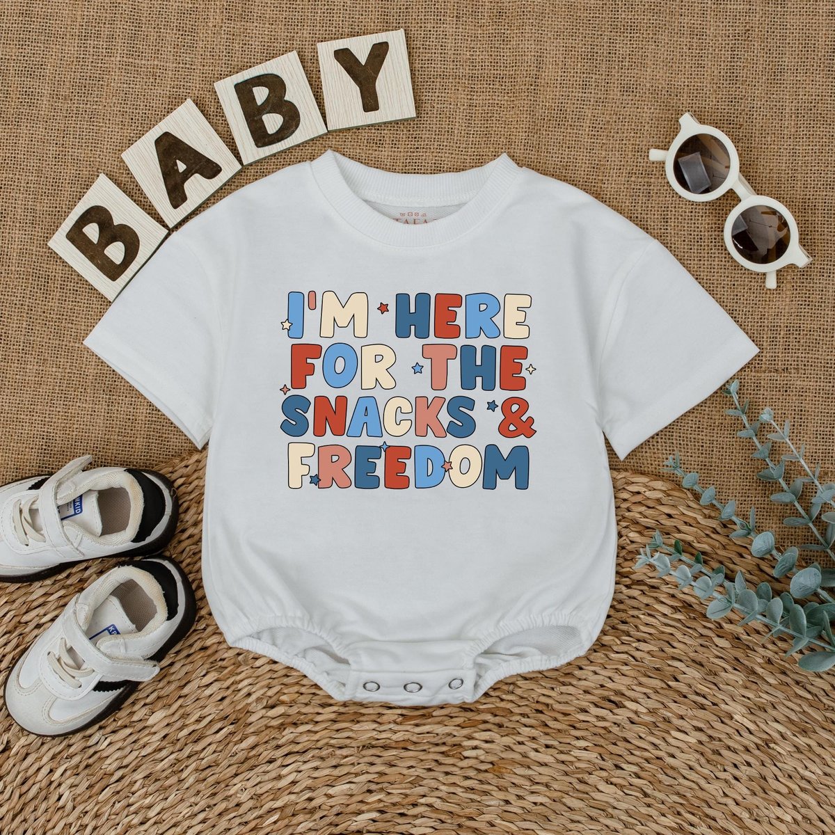 I'm Here For The Snacks And Freedom Romper Independence Day Outfit 4th of July Short Sleeve Bubble 430
