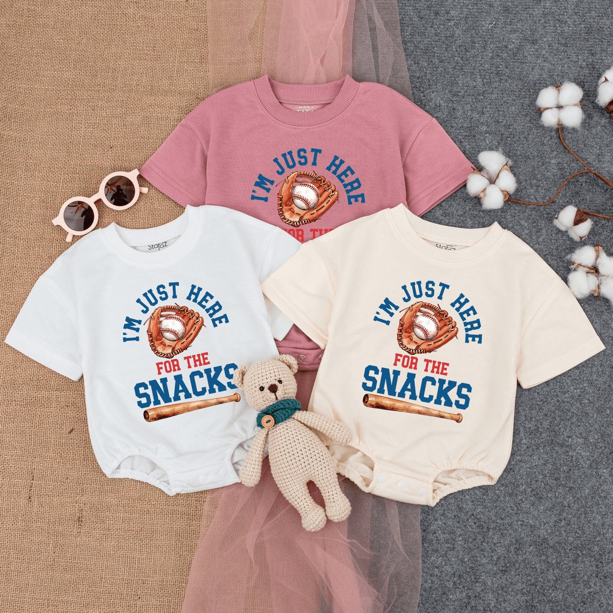 I'm Just Here For The Snacks Bubble Romper Short Sleeve Baseball Game Outfit Baseball Season Shirts 167