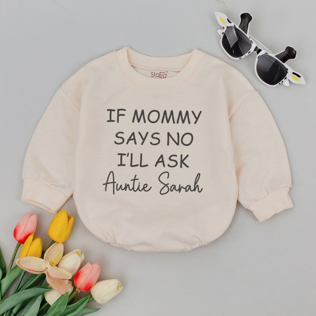 If Mommy Says No I'll Ask Auntie Baby Romper  Personalized Auntie Baby Outfit Pregnancy Reveal Bod 174