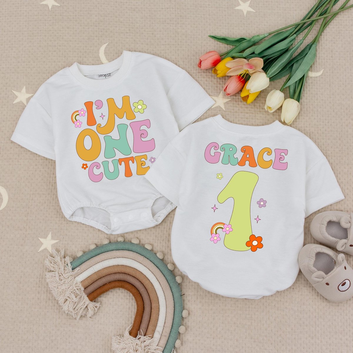 Im One Cute Baby Romper 1st Birthday Girl Babysuit 1st Birthday Outfit Retro Groovy Birthday Girl On
