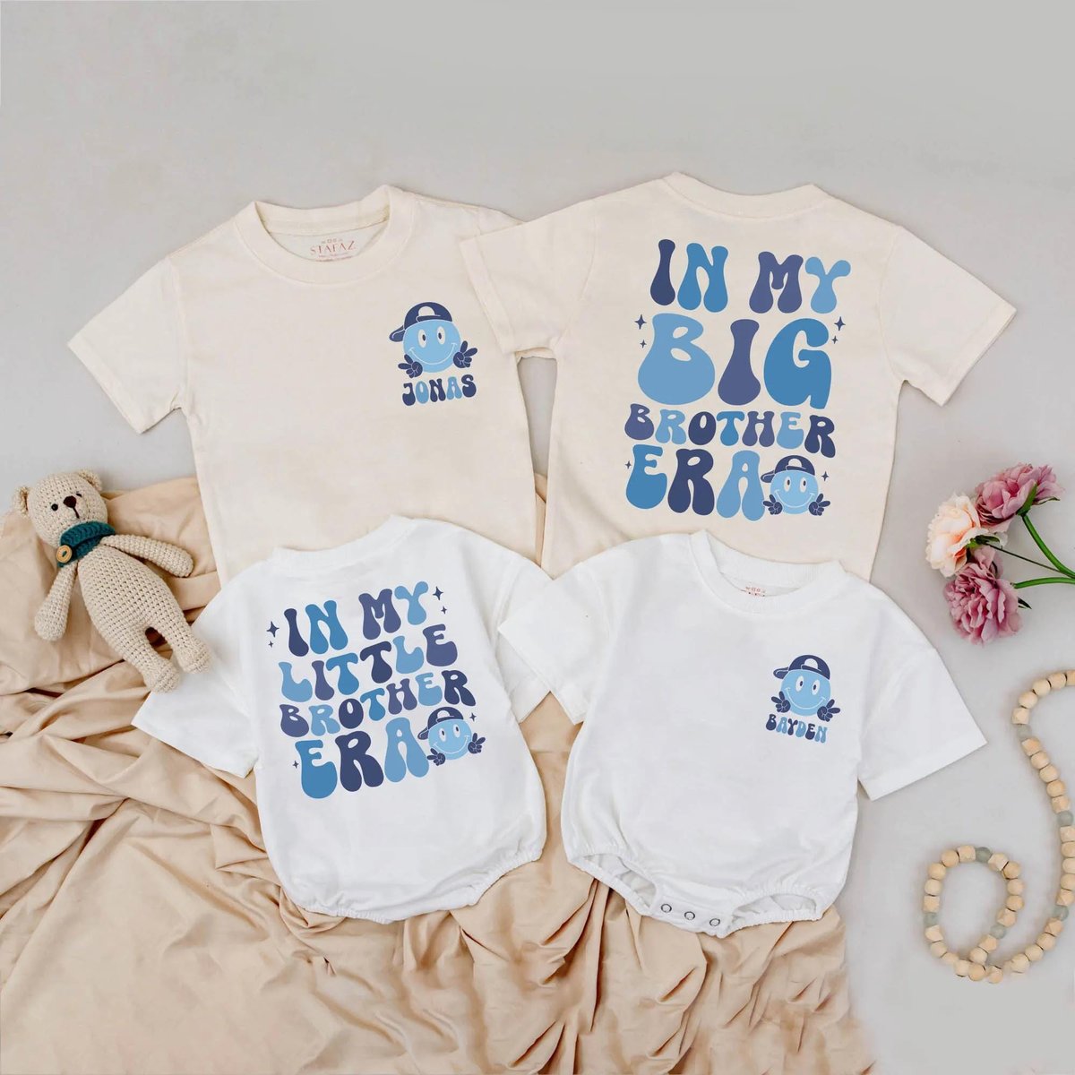 In My Big Brother Era and Little Brother Era Matching Outfit Retro Custom Name Shirt and Romper 2 si 430