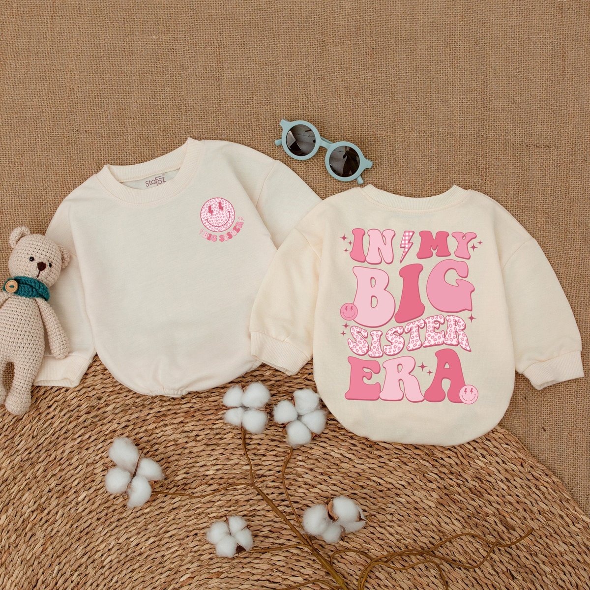 In My Big Sister Era Romper Pink Big Sister Era Bodysuit Smiley Face Wavy Stacked Smiley Face Big Si 173