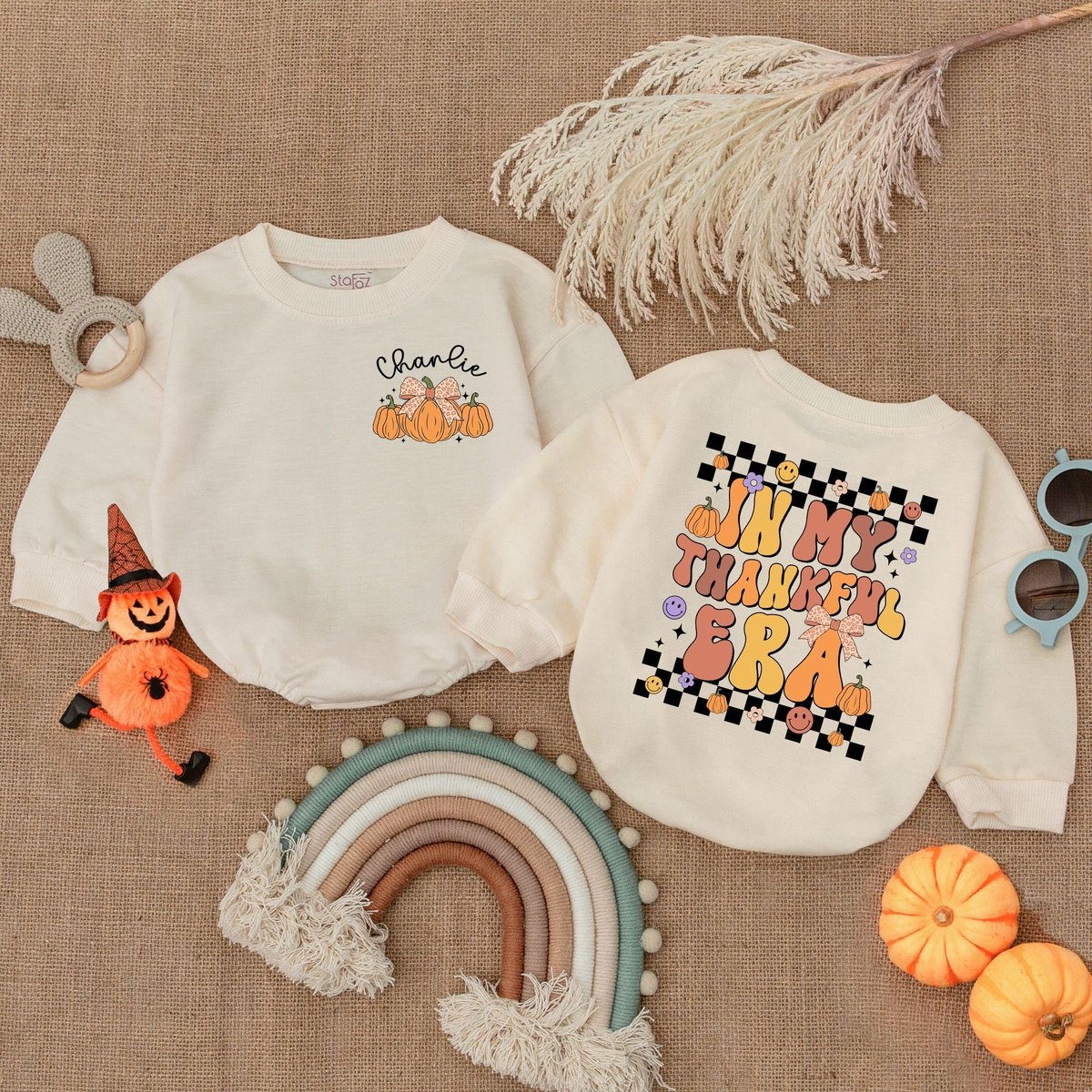In My Thankful Era Personalized 1st Thanksgiving Turkey Baby Outfit Pumpkin Bubble Romper Baby Thank 176