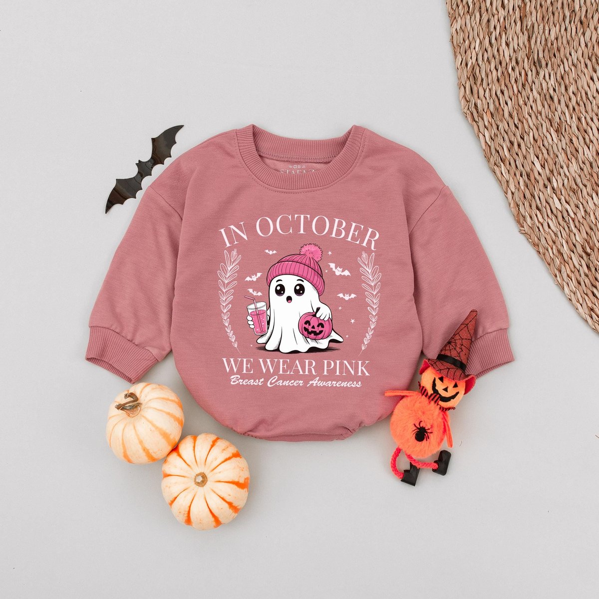 In October We Wear Pink Ghost Bubble Romper Breast Cancer Awareness Baby Romper Halloween Ghost Baby