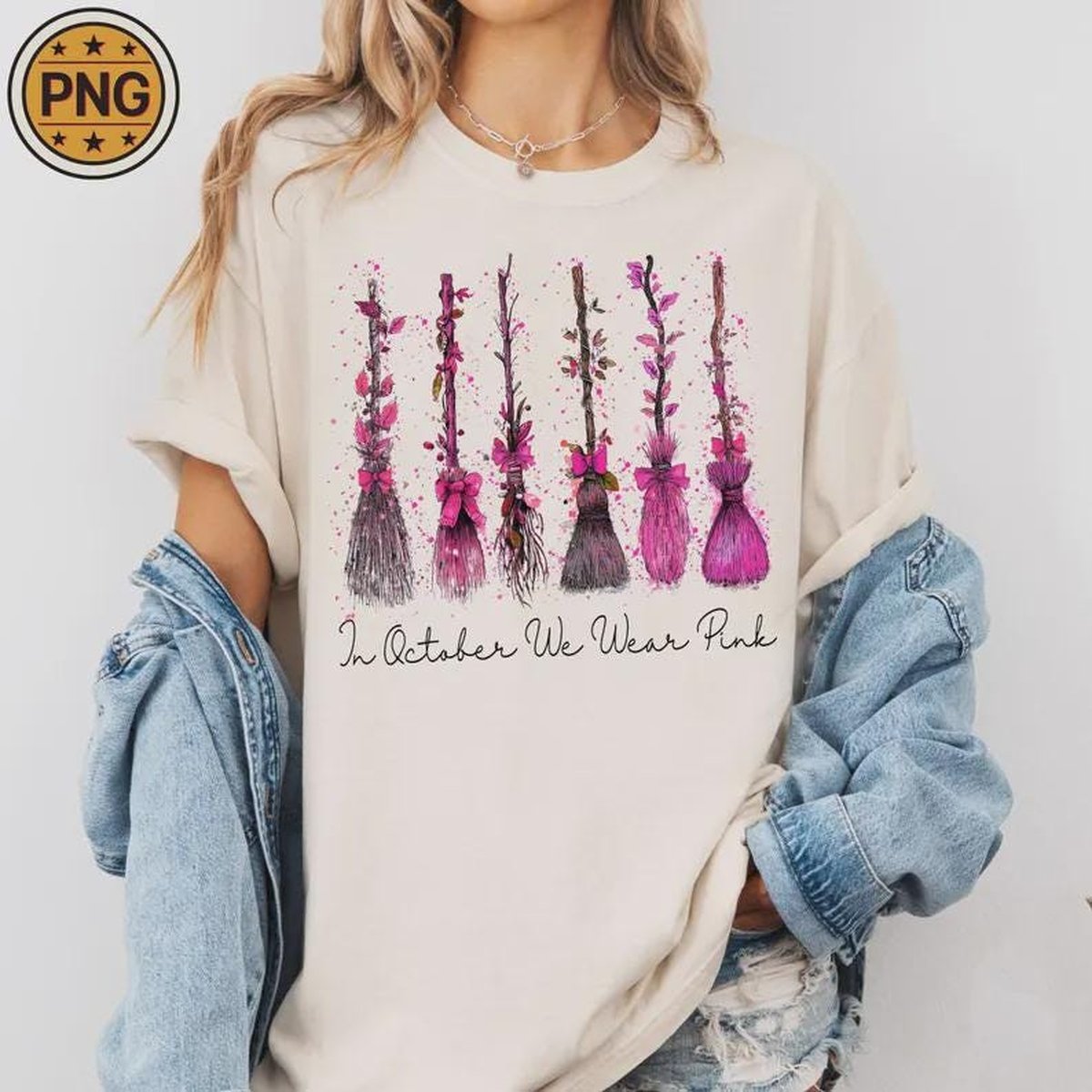 In October We Wear Pink Png Pink Witch Broom Png Trendy Halloween Png Witches Cancer Coquette Png Re 437